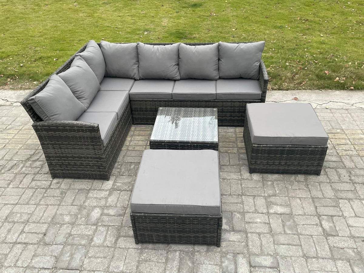 GARTENGARNITUR mit Ecksof,Couchtisch,2 Fußhocker Polyrattan Dunkelgrau 8-Sitzer - Dunkelgrau/Grau, Glas/Kunststoff - Fimous