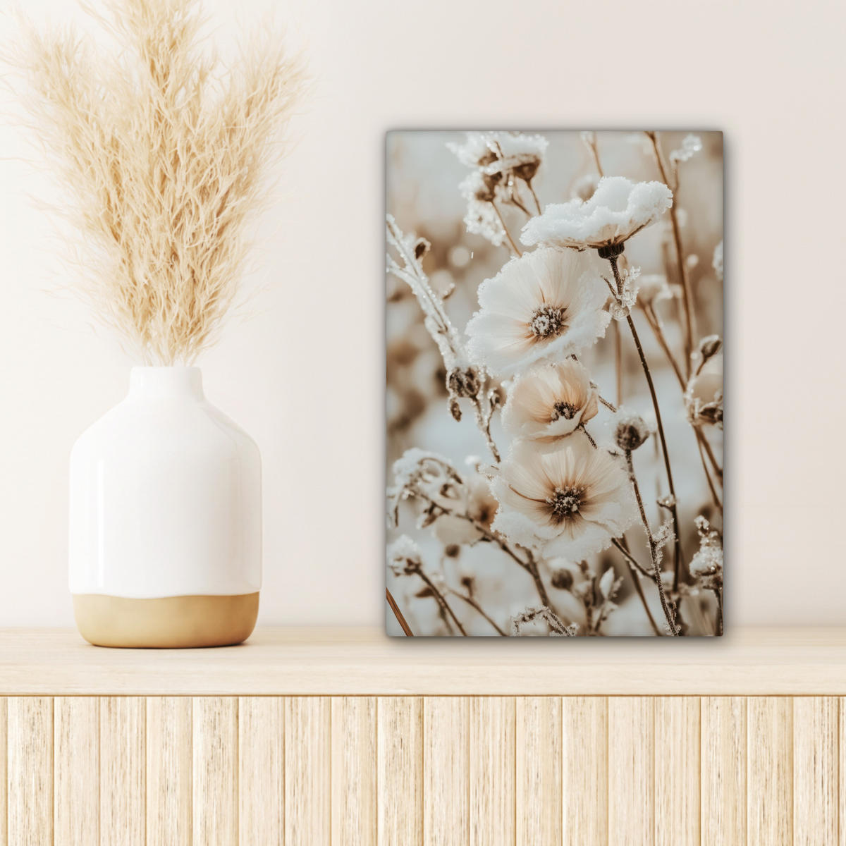 LEINWANDBILD Blumen - Winter - Weiß - Schnee - Beige 20x30 cm - Creme, Textil (20/30cm) - MuchoWow