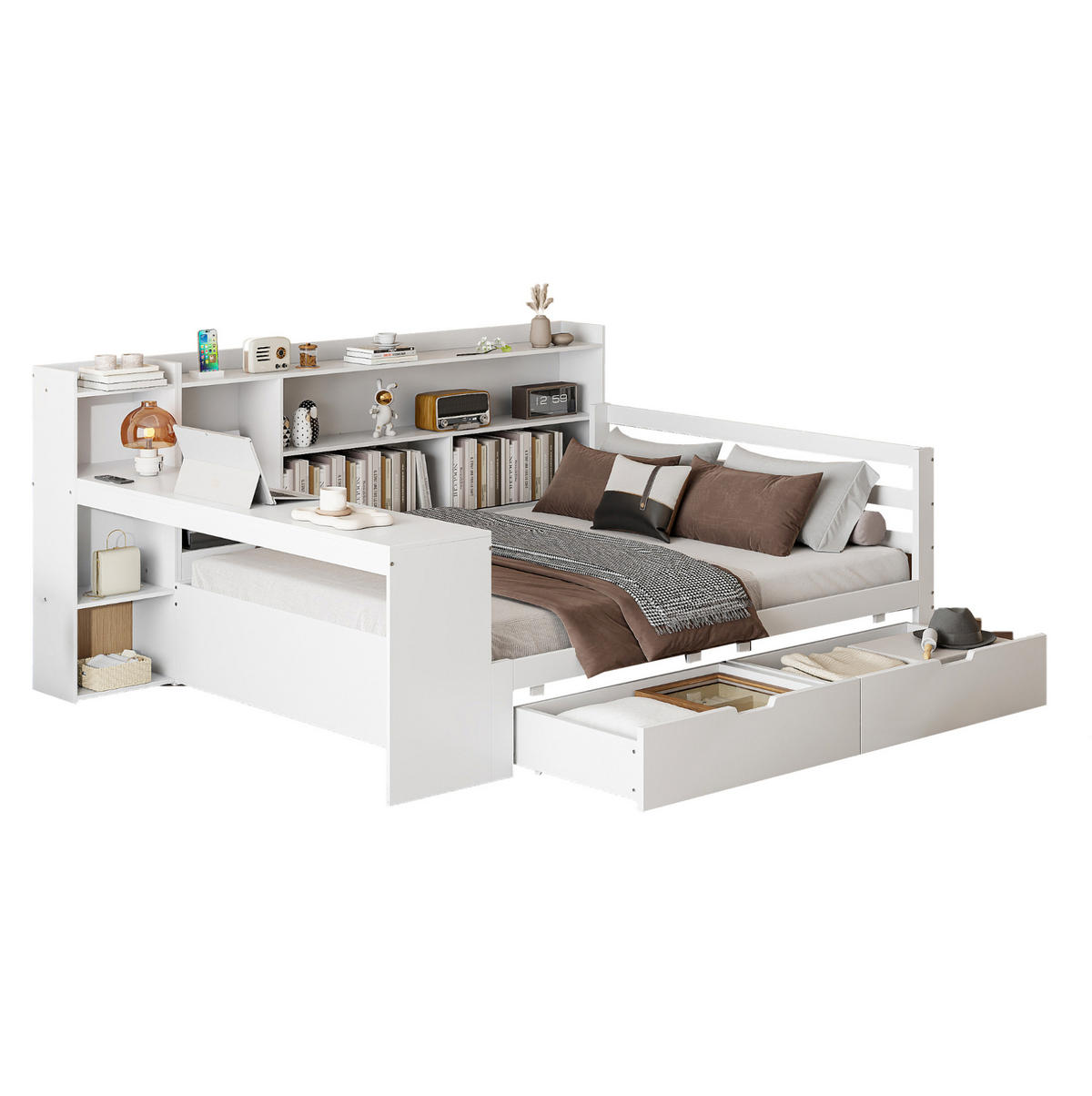 SCHLAFSOFA 140/200 cm mit Schreibtisch, Regalen, 2 Schubladen und Steckdose, Weiß - Weiß, Holzwerkstoff (165/100/245.5cm) - Redom