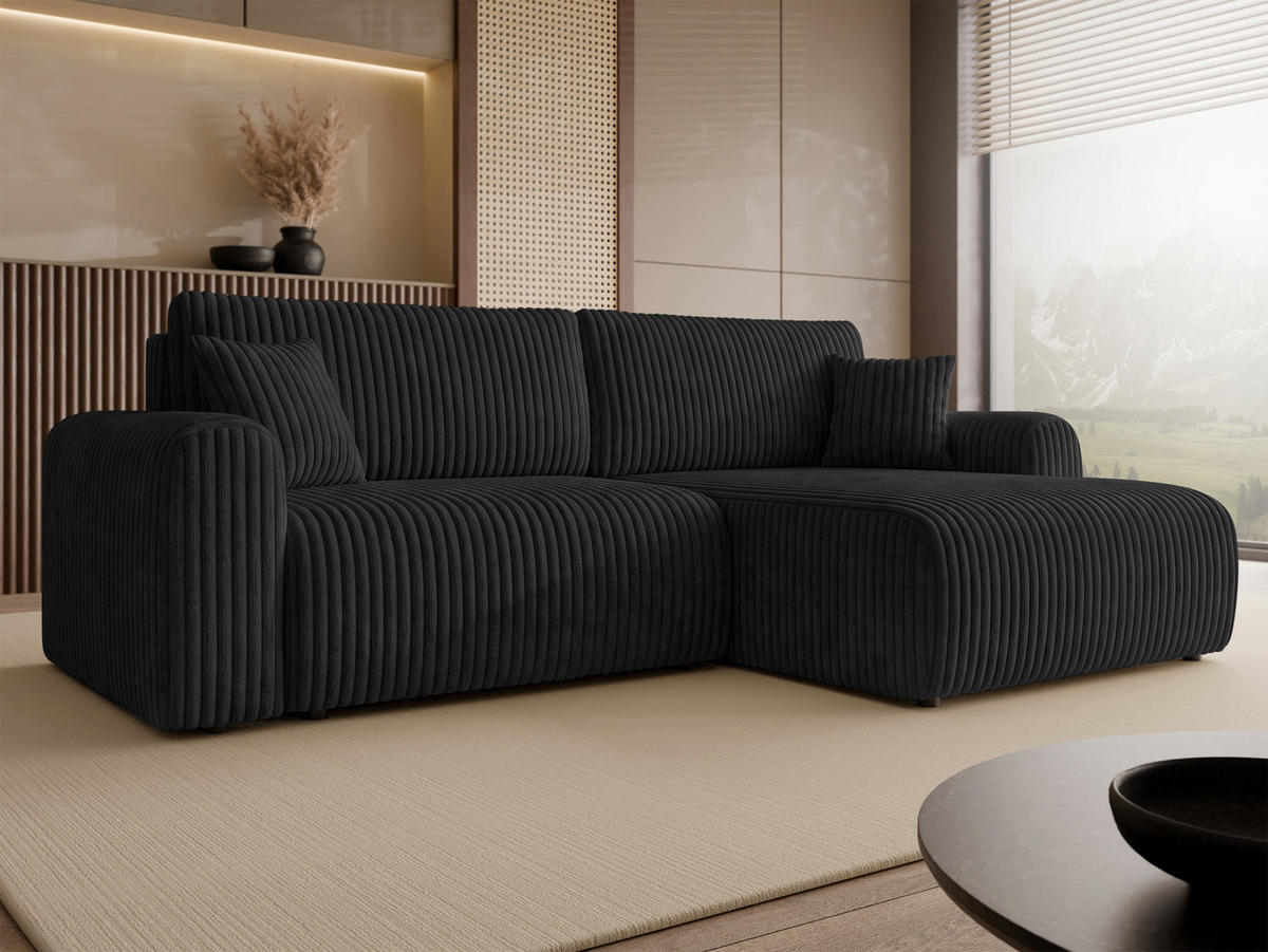ECKSCHLAFSOFA Floryn L Cord Bis - Schwarz, Holz/Kunststoff (245/145cm) - MIRJAN24