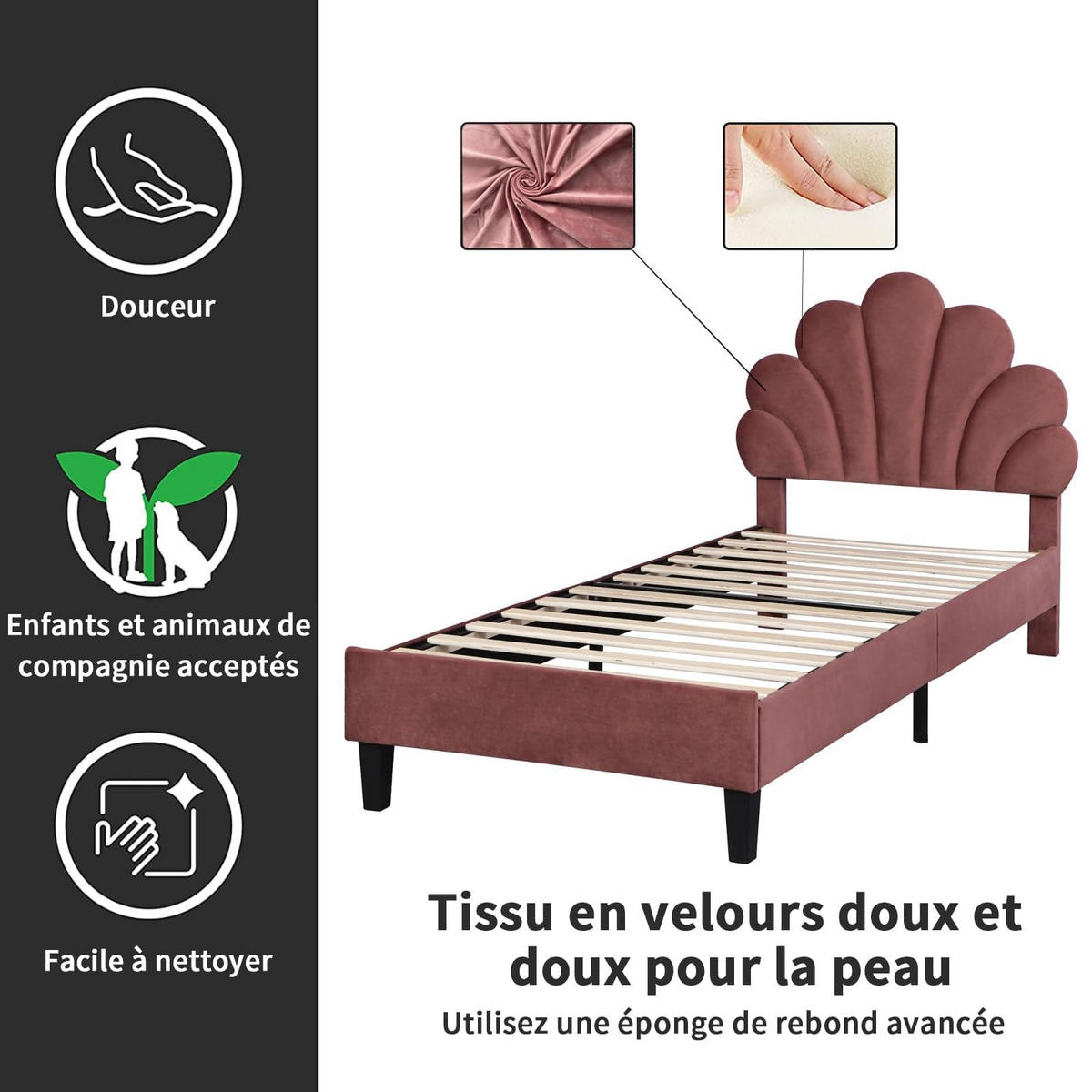 KINDERBETT 90x200 cm Blumen Kopfteil Lattenrost Samt rosa - Rot, Holz (90/200cm) - LEBENLANG