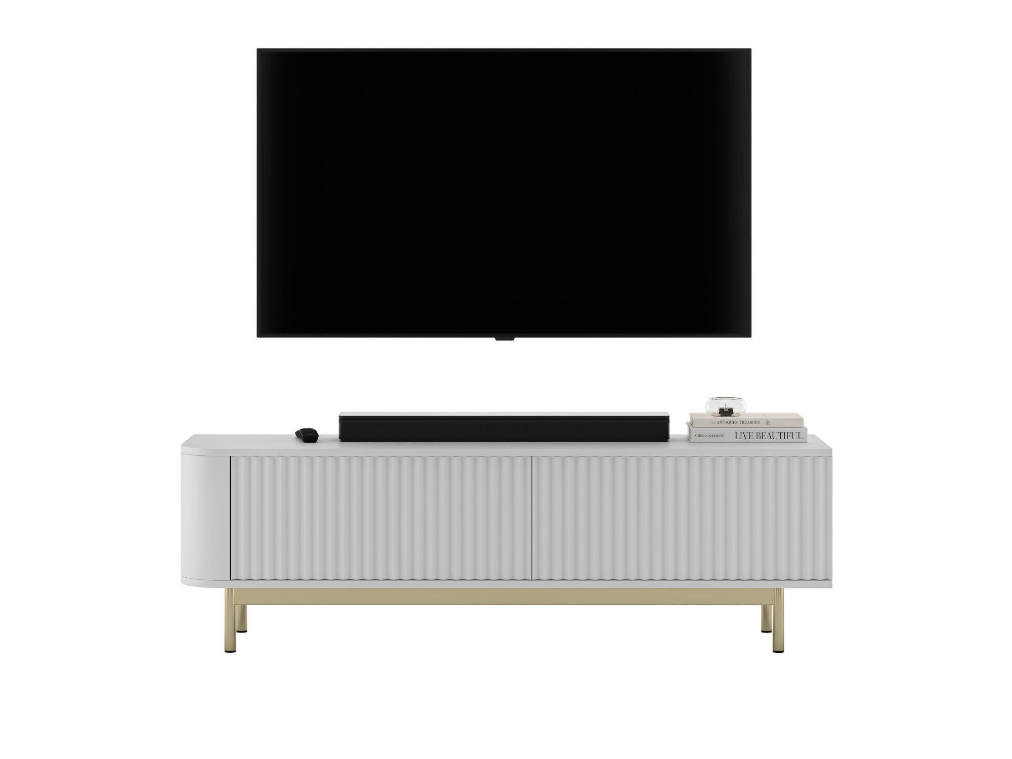 Meble Lindner TV stolek Aurora bílý matný 140 cm se zlatým kovovým rámem