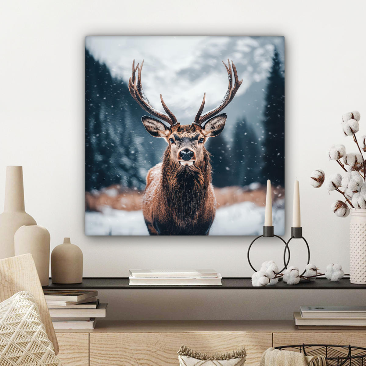 LEINWANDBILD Hirsche - Tiere - Landschaft - Winter - Schnee 50x50 cm - Kastanienfarben, Textil (50/50cm) - MuchoWow
