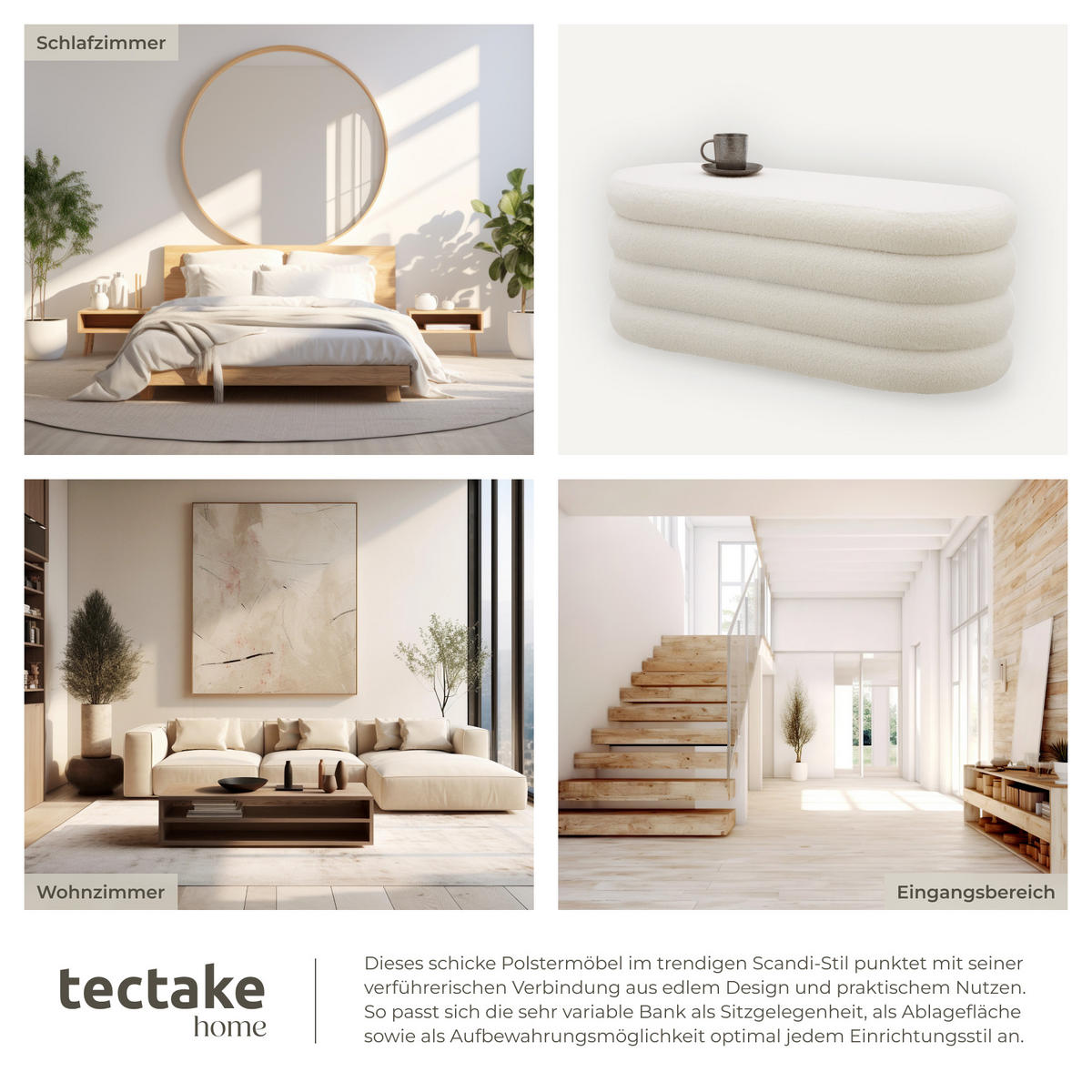 POLSTERBANK Altu,110 x 45 x 42 cm,Bouclé creme-weiß - Creme/Weiß, Holz (110/42/45cm) - tectake