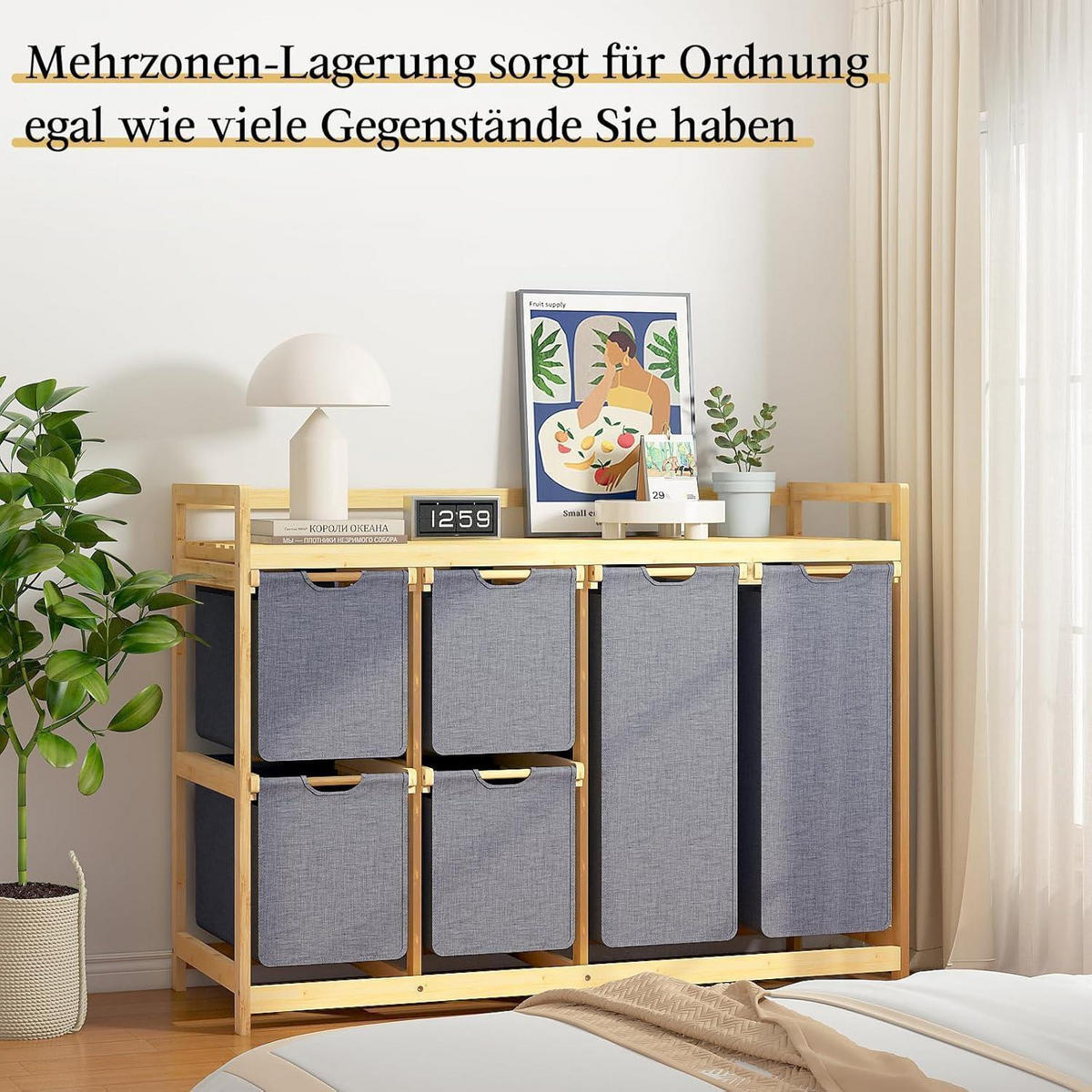 WÄSCHEKORB mit 6 Fächern und 2 Wäschesäcken Grau - Grau, Naturmaterialien (41.5/77/105cm)
