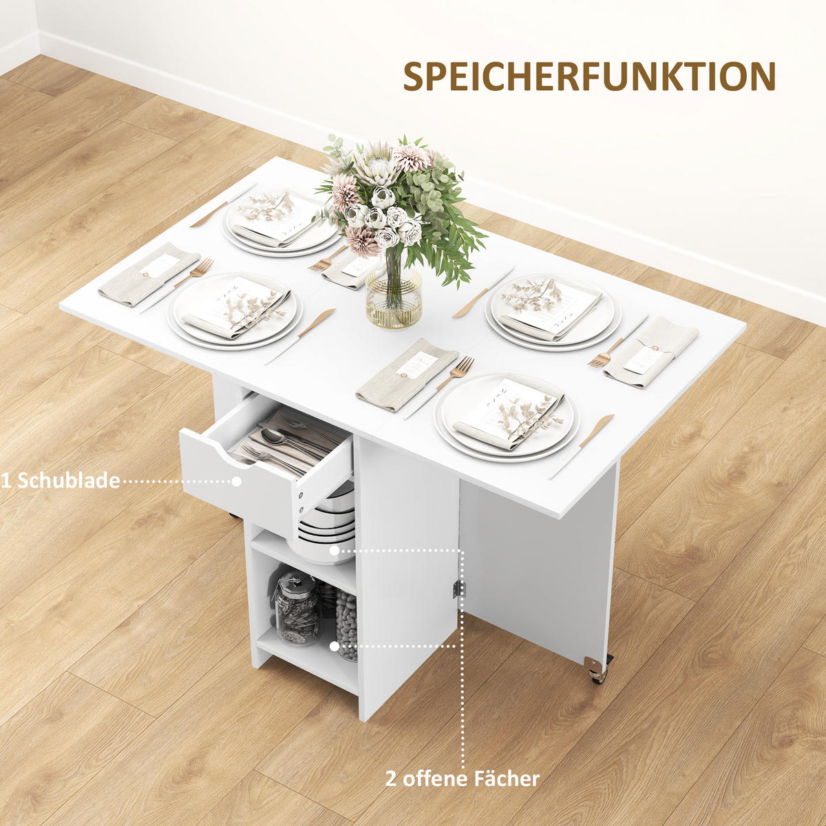 ESSTISCH Klappbarer Mobiler Küchentisch für 2-4 Personen, 114,5 x 70 x 75 cm, Weiß - Weiß, Holzwerkstoff (70/114.5/75cm) - HOMCOM