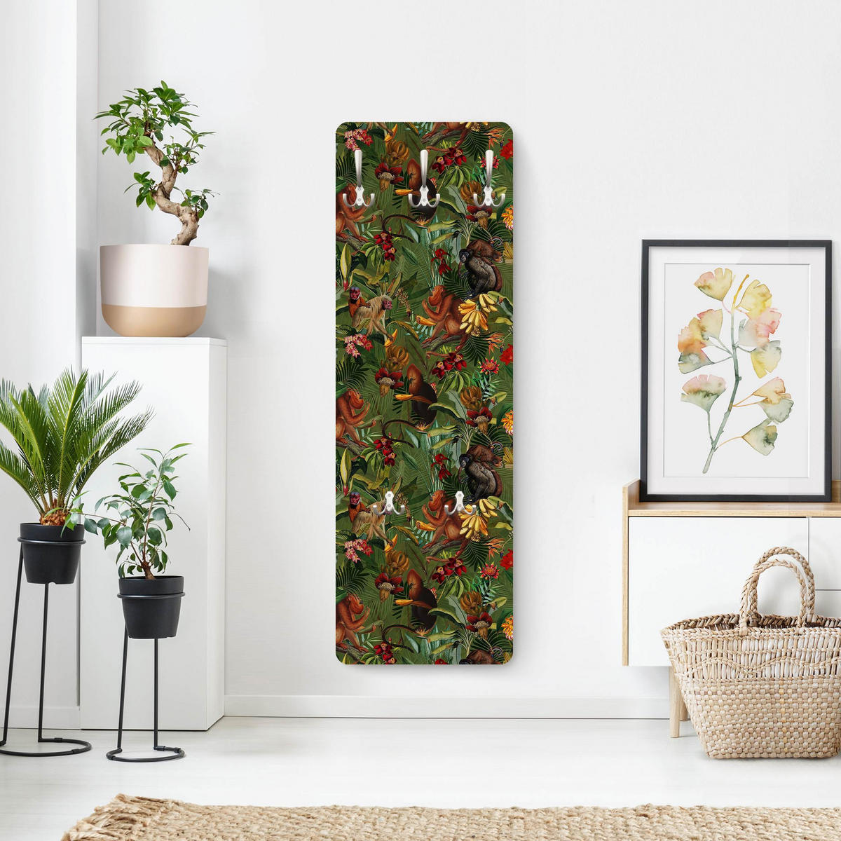 WANDGARDEROBE - Tropische Blumen mit Affen 34/105 cm - Grün, Holzwerkstoff (34/105/1.6cm) - Bilderwelten