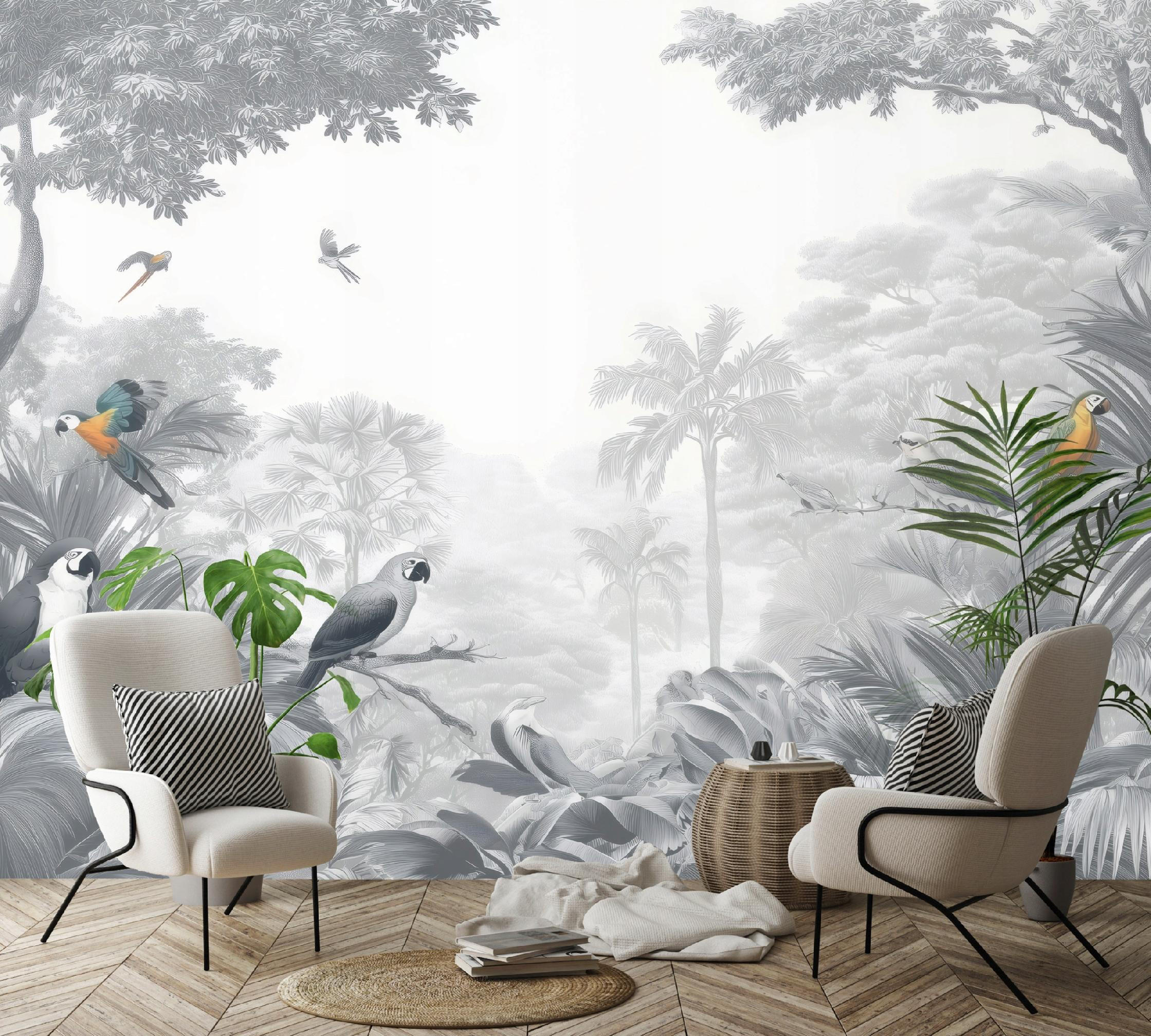 FOTOTAPETE Dschungel Papageien Grau 200x140 cm - Multicolor, Papier (200/140cm) - Wallarena