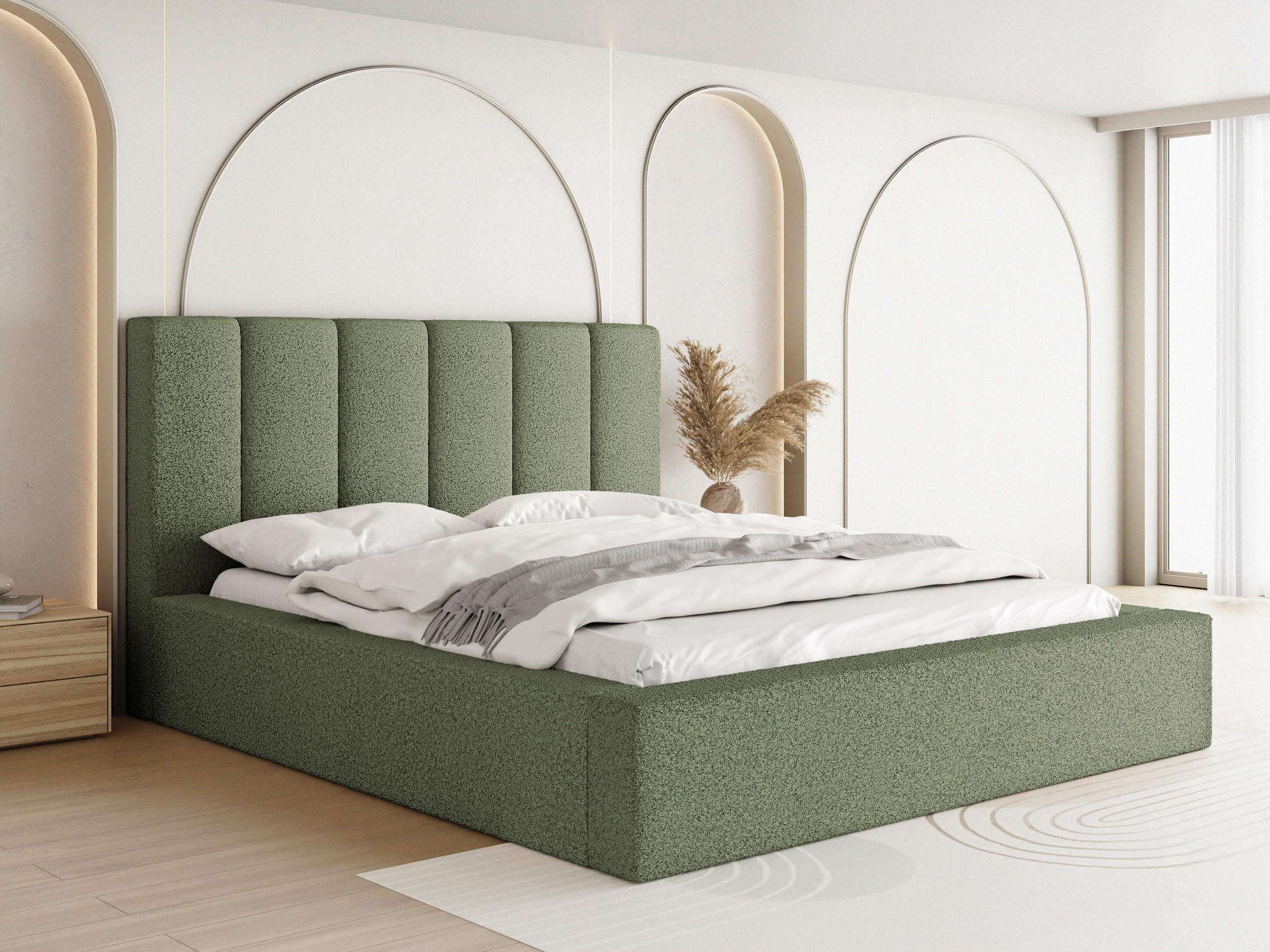 POLSTERBETT Amira mit Bettkasten, Grün Boucle 200x200 cm - Birkefarben/Schwarz, Holz/Holzwerkstoff (200/200cm) - WFL GROUP