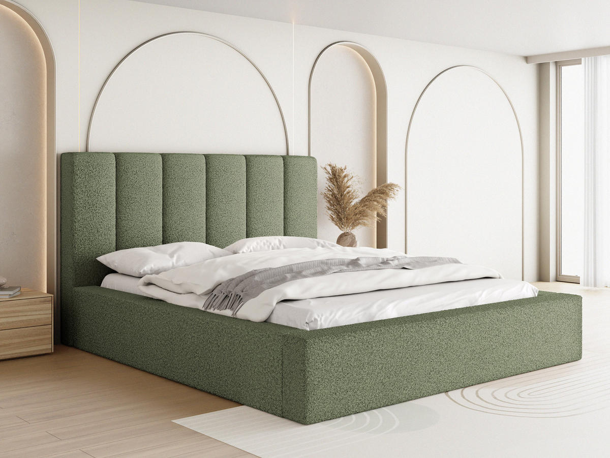 POLSTERBETT Amira mit Bettkasten, Grün Boucle 200x200 cm - Birkefarben/Schwarz, Holz/Holzwerkstoff (200/200cm) - WFL GROUP