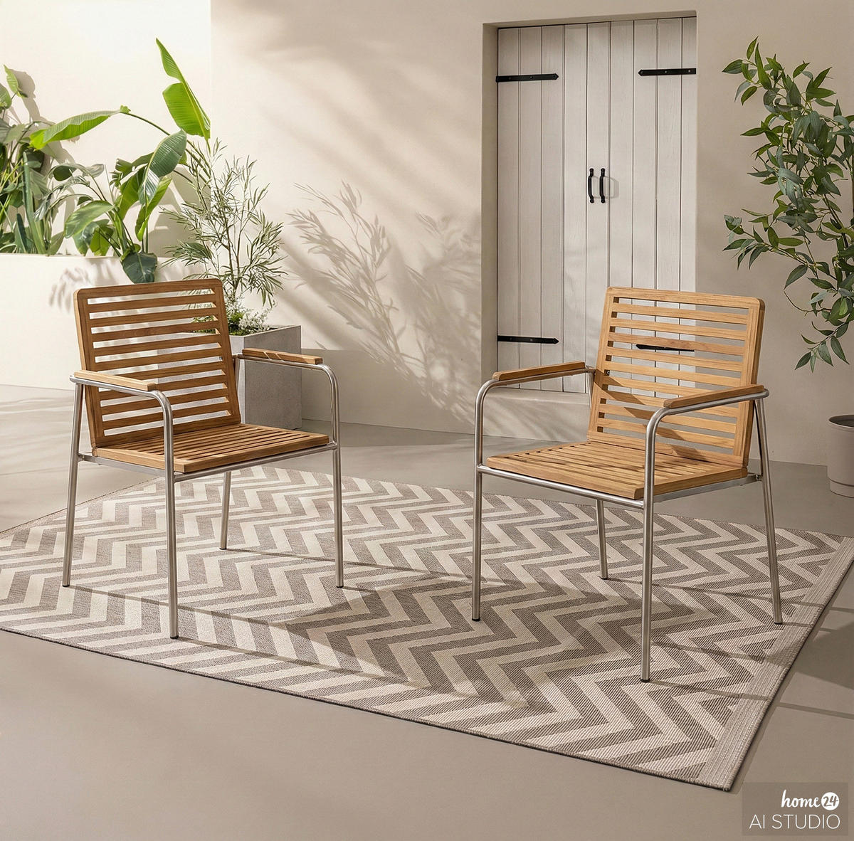 STAPELSTUHL - 2er-Set - Teak massiv / Edelstahl - Braun - Teakfarben, Holz/Metall (56/86/55cm) - home24