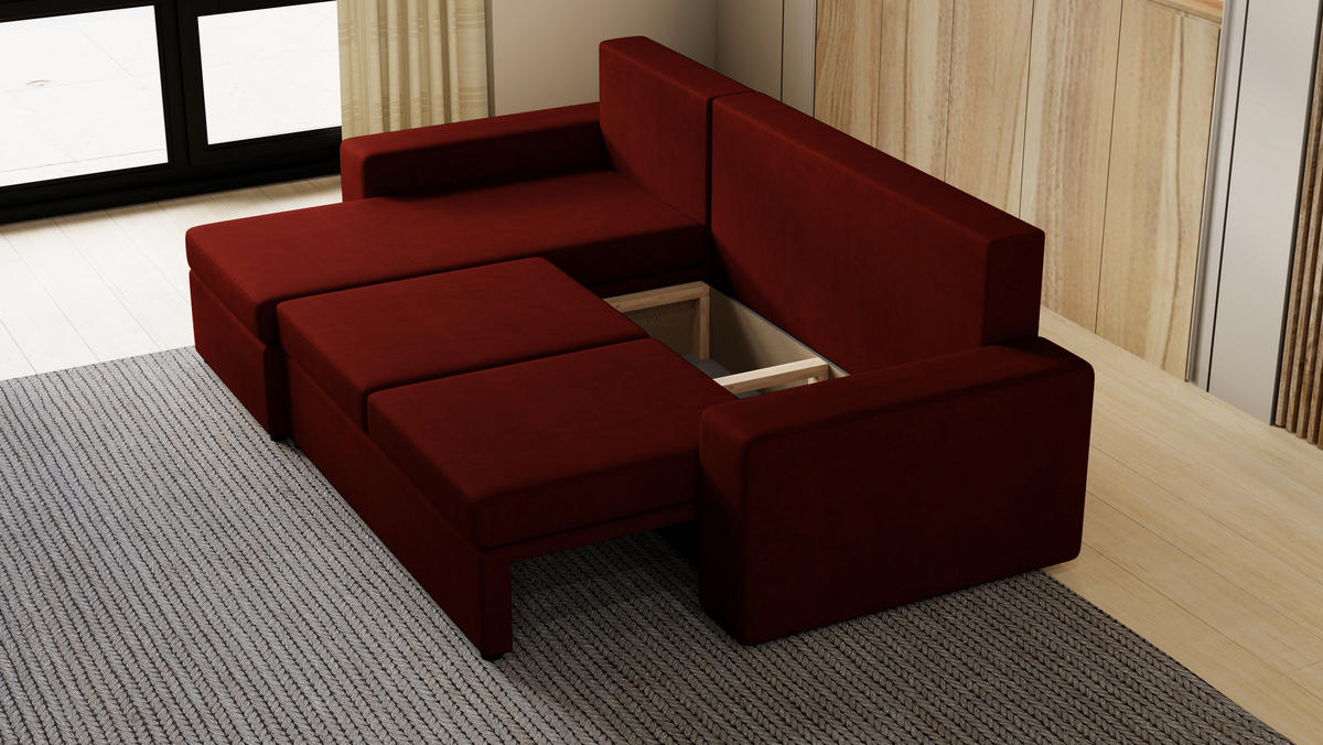 ECKSOFA Paco mit Bettkasten und Schlaffunktion, L-Form/XL-Form, Velourstoff, Universal - Weinrot, Holzwerkstoff (246/145cm) - 4ALL HOME