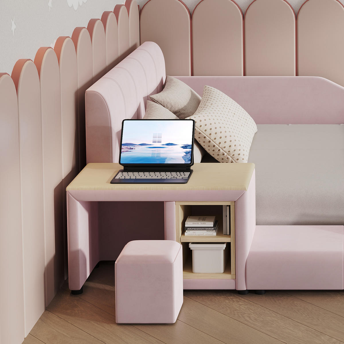 POLSTERBETT 140/200 cm in Pink mit Schreibtisch, Hocker und Ablageboden aus Samt - Kinderzimmer mit Stil - Rosa, Holzwerkstoff/Textil (140/200cm) - STILVORA