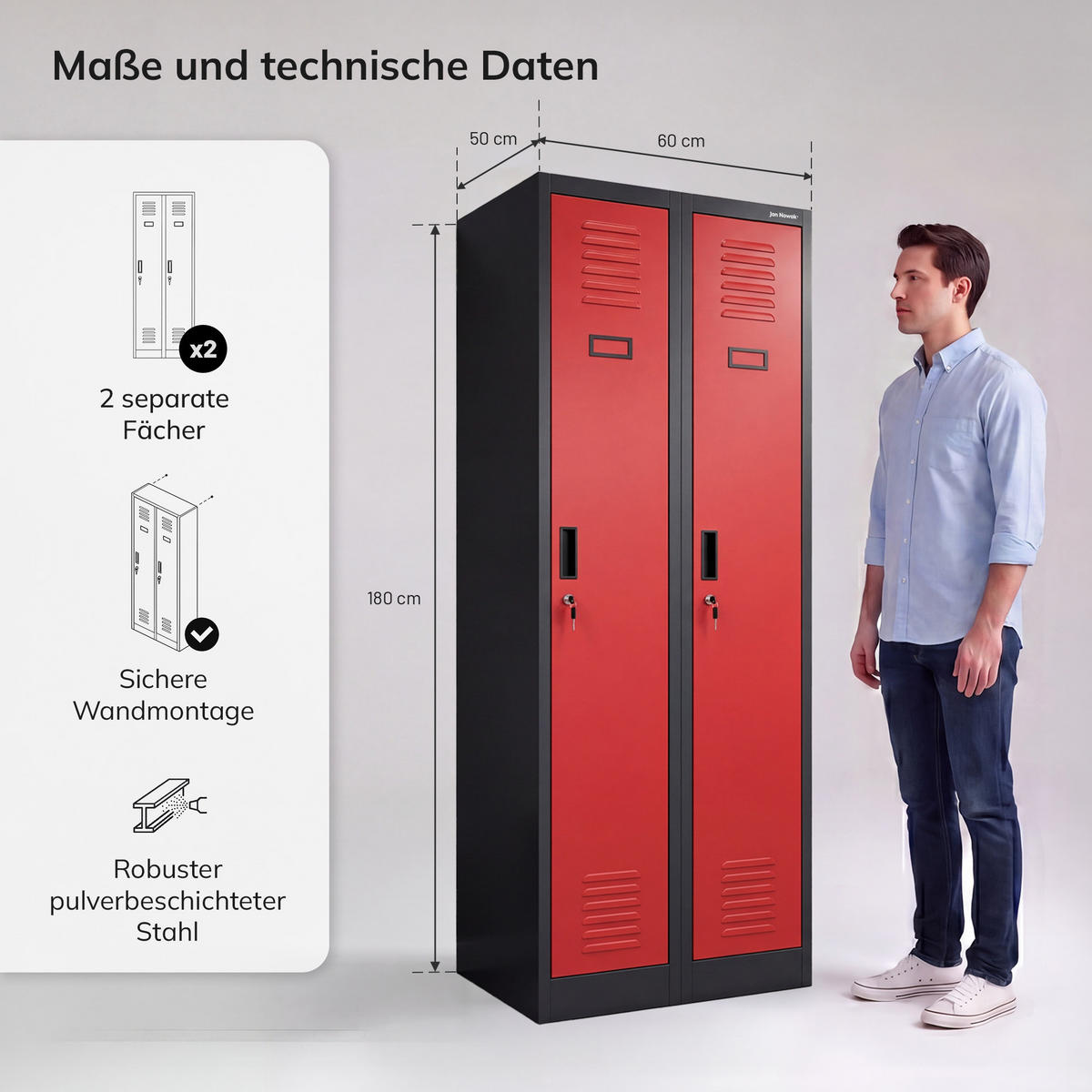 ZWEIFACH-PERSONALSCHRANK KACPER II 180x60x50 cm - Anthrazit/Rot, Metall (60/180/50cm) - Jan Nowak