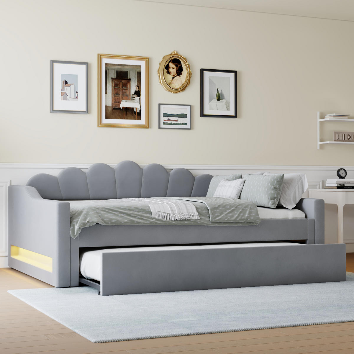 POLSTERBETT 140/200 cm Grau mit LED-Beleuchtung und Ausziehbett - Grau, Holzwerkstoff (140/200cm) - OKWISH