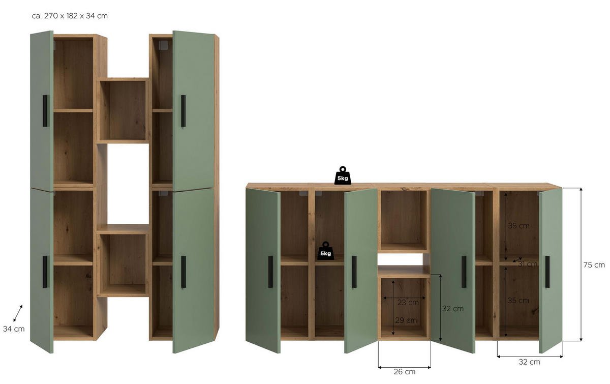WOHNWAND Primo 4 tlg. (B/H/T: ca. 270/182/34 cm) in Artisan Oak /Smoke Green - Eiche Artisan, Holzwerkstoff (270/182/34cm)