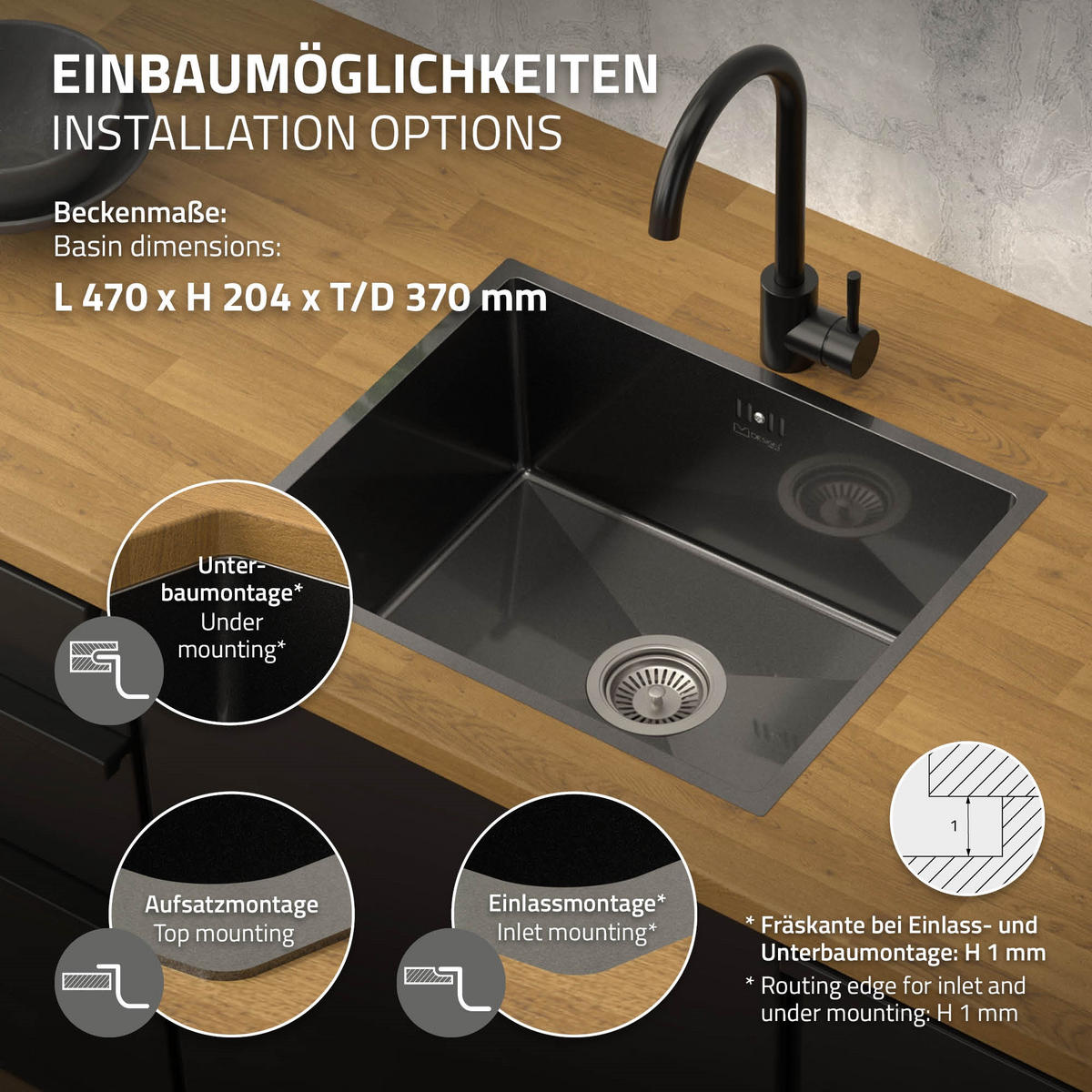 SPÜLBECKEN Edelstahl 50/40cm Anthrazit - Anthrazit, Metall (40/20.4/50cm) - ML-DESIGN