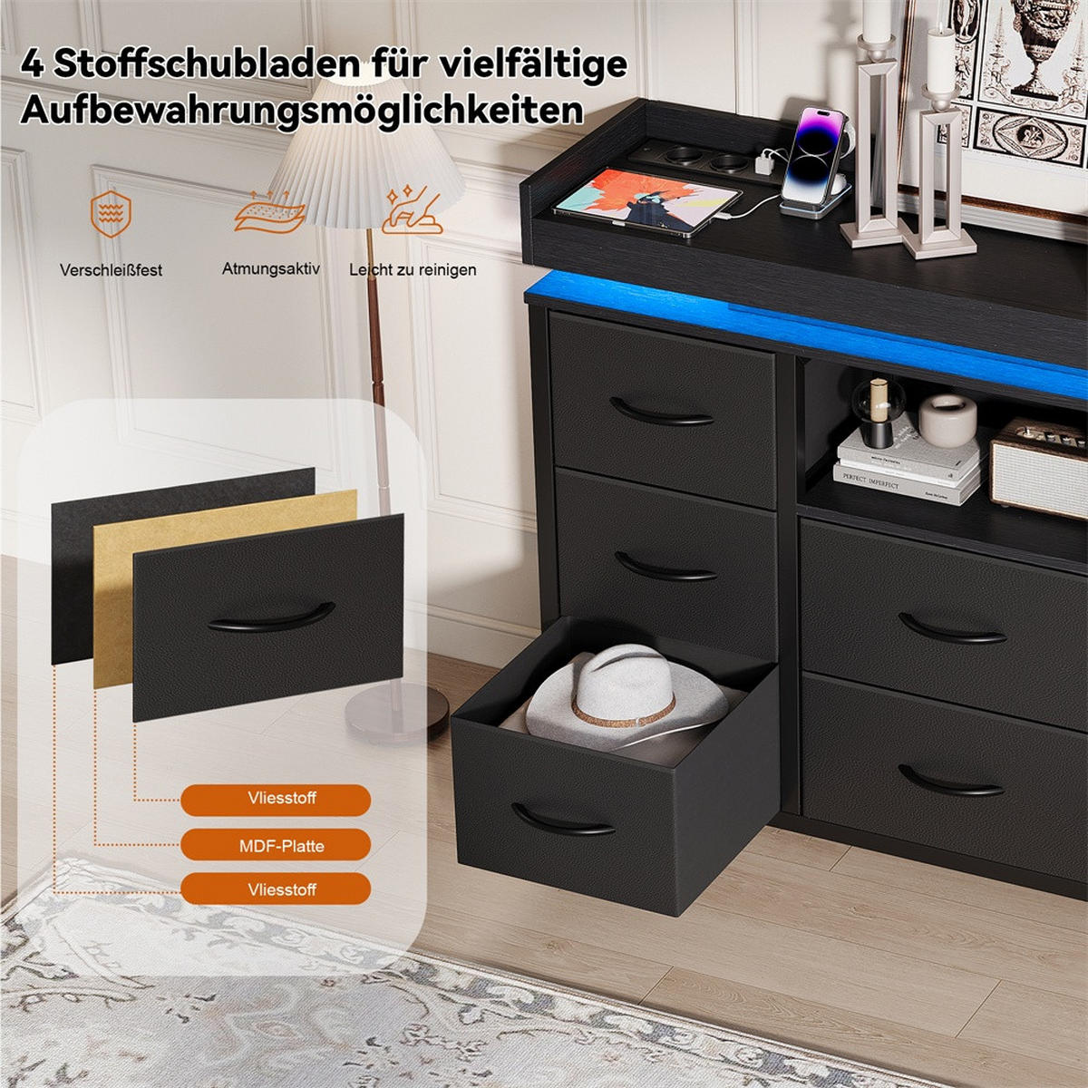 KOMMODE mit 8 Schubladen - integrierte Ladestation und RGB-LED-Beleuchtung - Schwarz - Schwarz, Holzwerkstoff (108/82/30cm) - DELFA