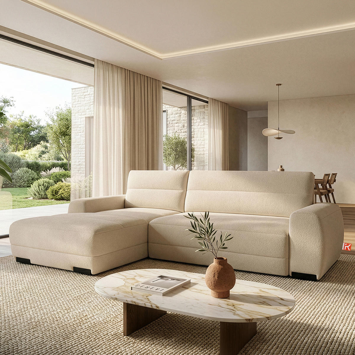 ECKSOFA LINKS BLUME, Cremefarbe - Creme, Holz/Holzwerkstoff (271/164cm) - KONSIMO®