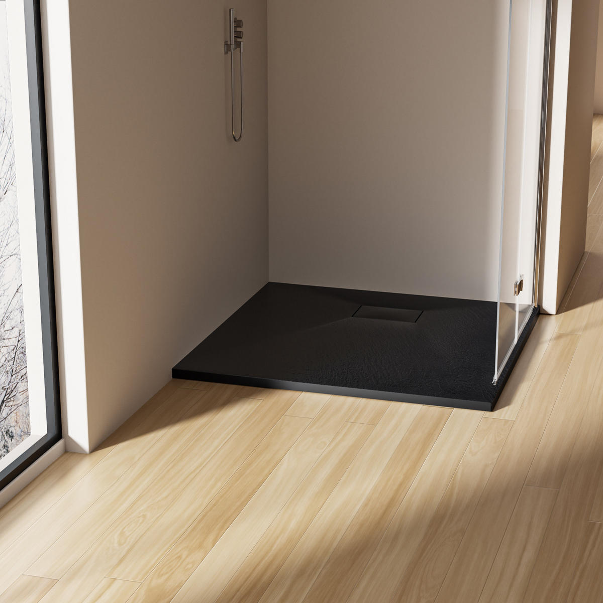 DUSCHWANNE inkl. Ablaufgarnitur Schwarz 90/90 cm - Schwarz, Naturmaterialien (90/2.6/90cm) - EMKE