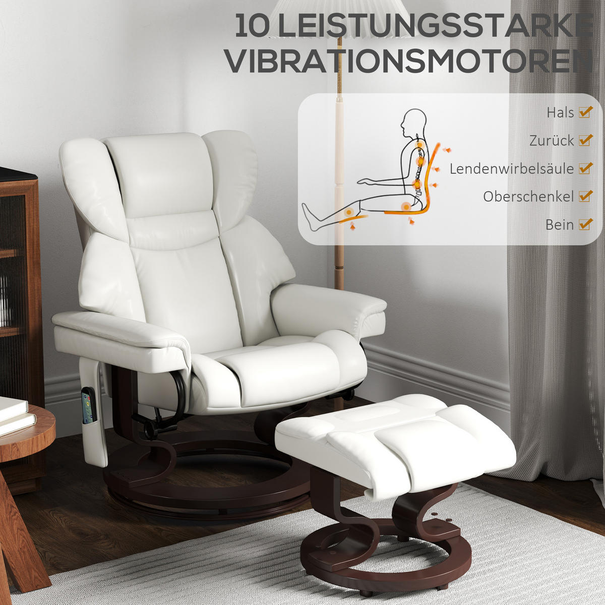 RELAXSESSEL 79/82/101 cm in Cremeweiß mit Massagefunktion und Fußhocker - Creme, Leder (79/101/82cm) - BEAOK