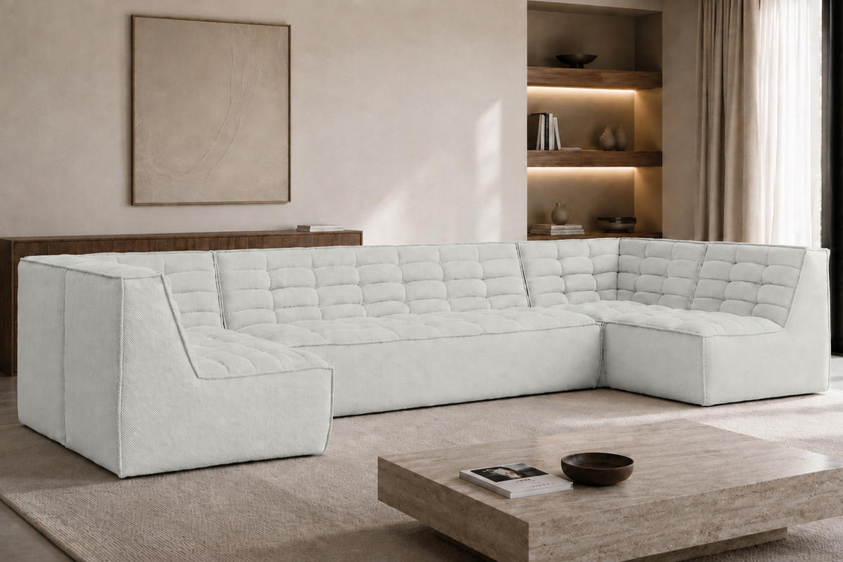 ECKSOFA Modulares U-Form, Plüschstoff Pop, Ice, LAZY U Medium - Weiß, Holz (386/76/173cm) - Kaiser Möbel
