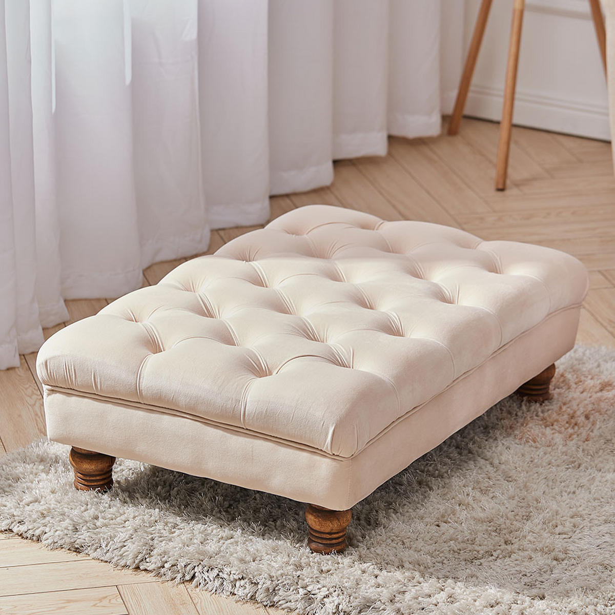 POLSTERHOCKER 90/60/30 cm Knopfheftung Holzbeine Flanell Beige - Beige/Walnussfarben, Holz/Textil (90/30/60cm) - Livingandhome