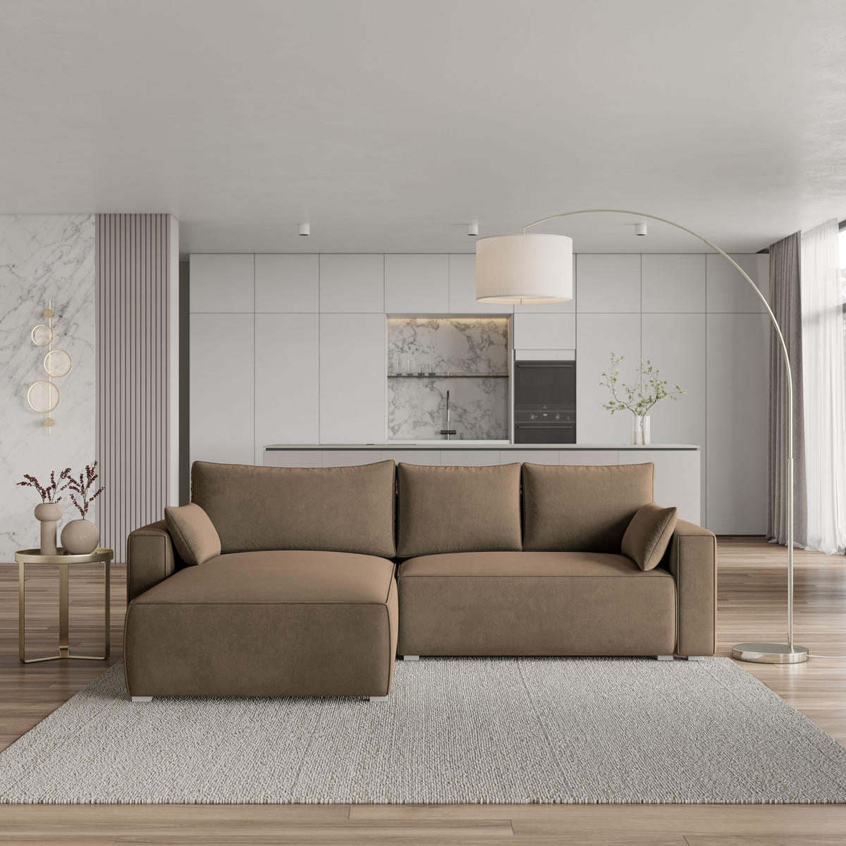 ECKSOFA FORIL Beige Velours-Stoff mit Schlaffunktion - Beige, Holz (265/178cm) - MASSENO