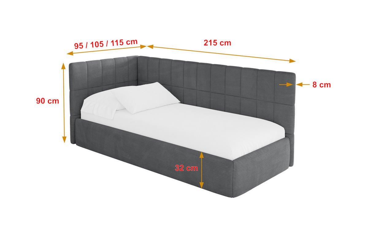 EINZELLBETT Jugendbett mit Bettkasten, Rechts - TULY 100x200 Dunkelgrau - Schieferfarben, Holzwerkstoff/Textil (100/200cm) - ALTDECOR