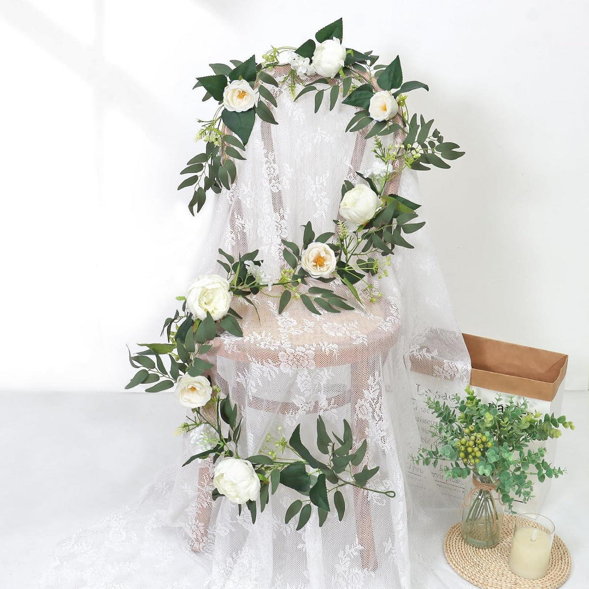 KÜNSTLICHE Blumen Girlande Eukalyptus Pfingstrose 200 cm 2 Stück Set Weiß - Weiß, Kunststoff (10cm)