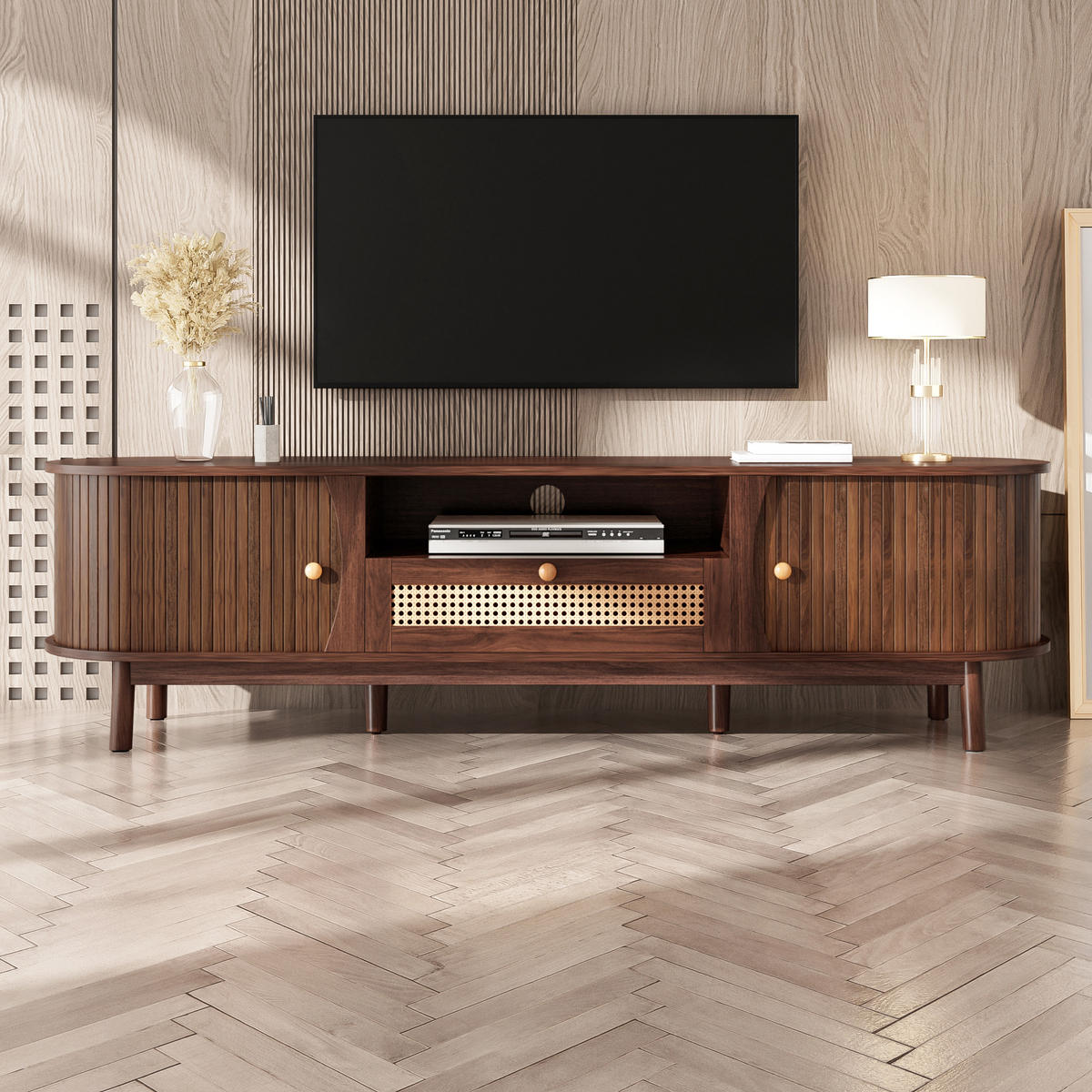 TV-SCHRANK Rattan Landhaus Türen Schubladen Massivholz - Walnussfarben, Holzwerkstoff (37/46/165cm) - FLIEKS