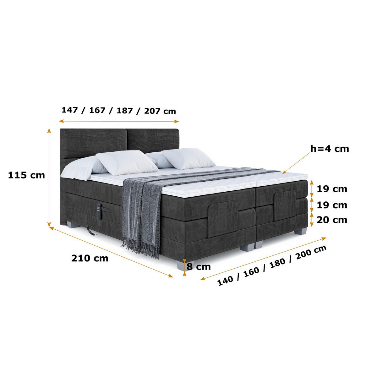 BOXSPRINGBETT elektrisch verstellbar mit 2 Matratzen H4/Taschenfederung MAYA EL 180 x 200 Schwarz - Schwarz, Holzwerkstoff (187/200cm) - ALTDECOR