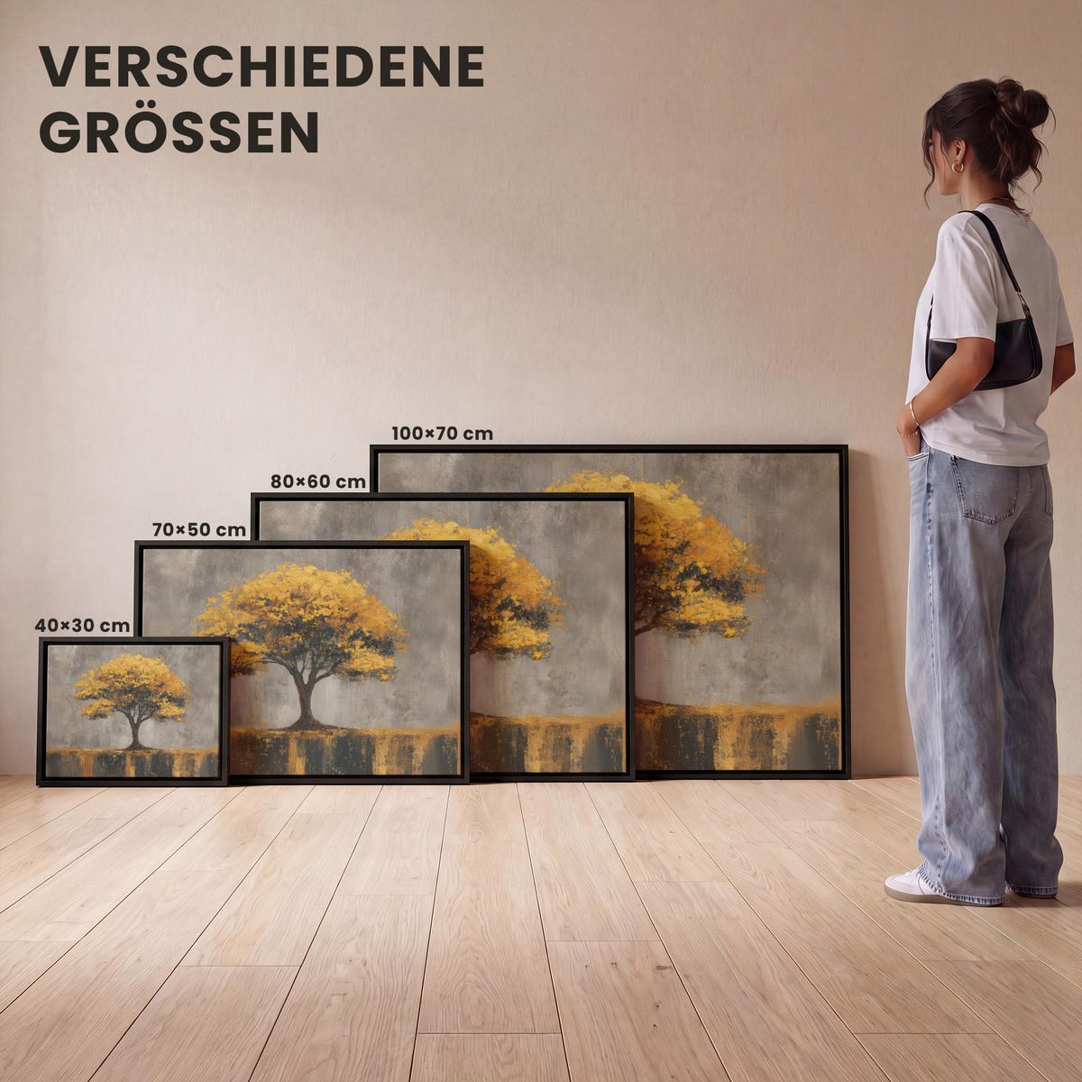 LEINWAND Bilder mit Rahmen - Baum - Blätter - Gold - Abstrakt - 80x60 - Grau, Textil (80/60cm) - MuchoWow