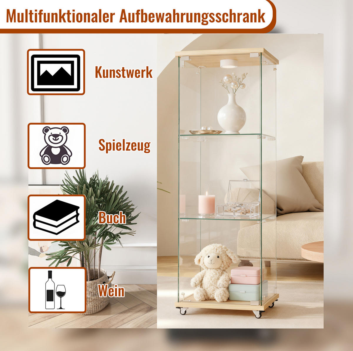 VITRINE aus MDF und Glas 36,5x42,5x120 cm Natur mit LED-Beleuchtung, Glastür und Rollen oder festen Füßen - Naturfarben, Holzwerkstoff (42.5/120/36.5cm) - Modfu