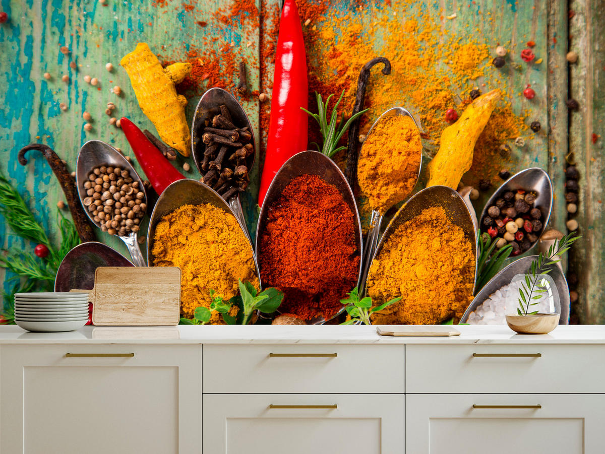 FOTOTAPETE für Küche Gewürze Holz Rustikal Paprika Ingwer 150x105 - Türkis/Blau, Papier (150/105cm) - Muralo