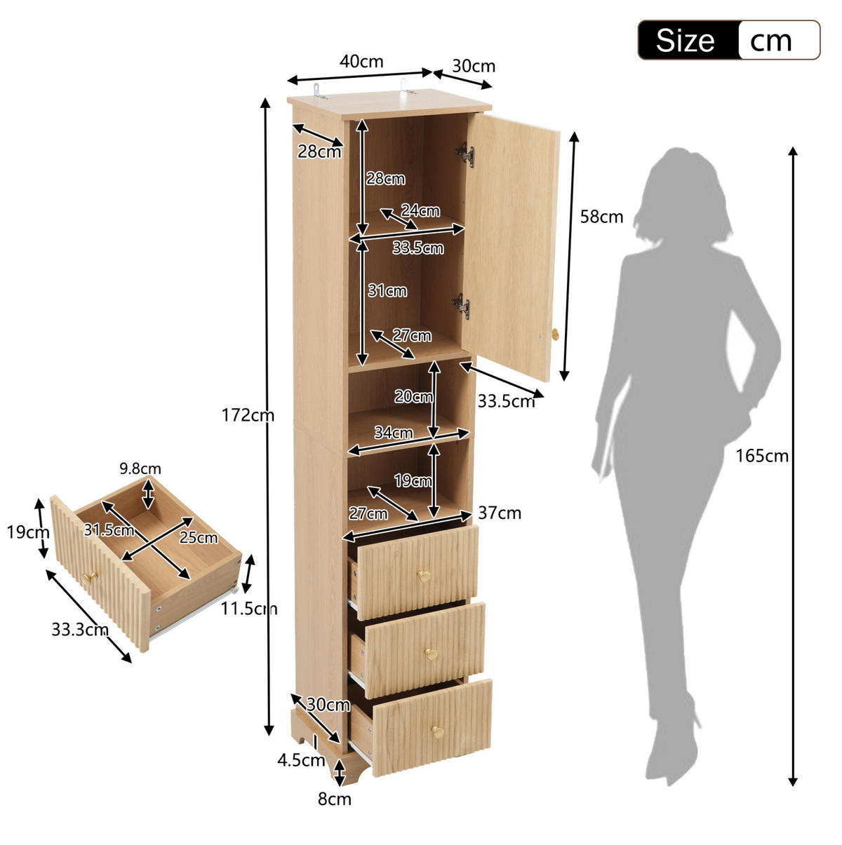 BADEZIMMER-HOCHSCHRANK 40x30x172 cm Natur aus Holzwerkstoff mit Schubladen & Soft-Close - Naturfarben, Holzwerkstoff (40/172/30cm) - Modfu