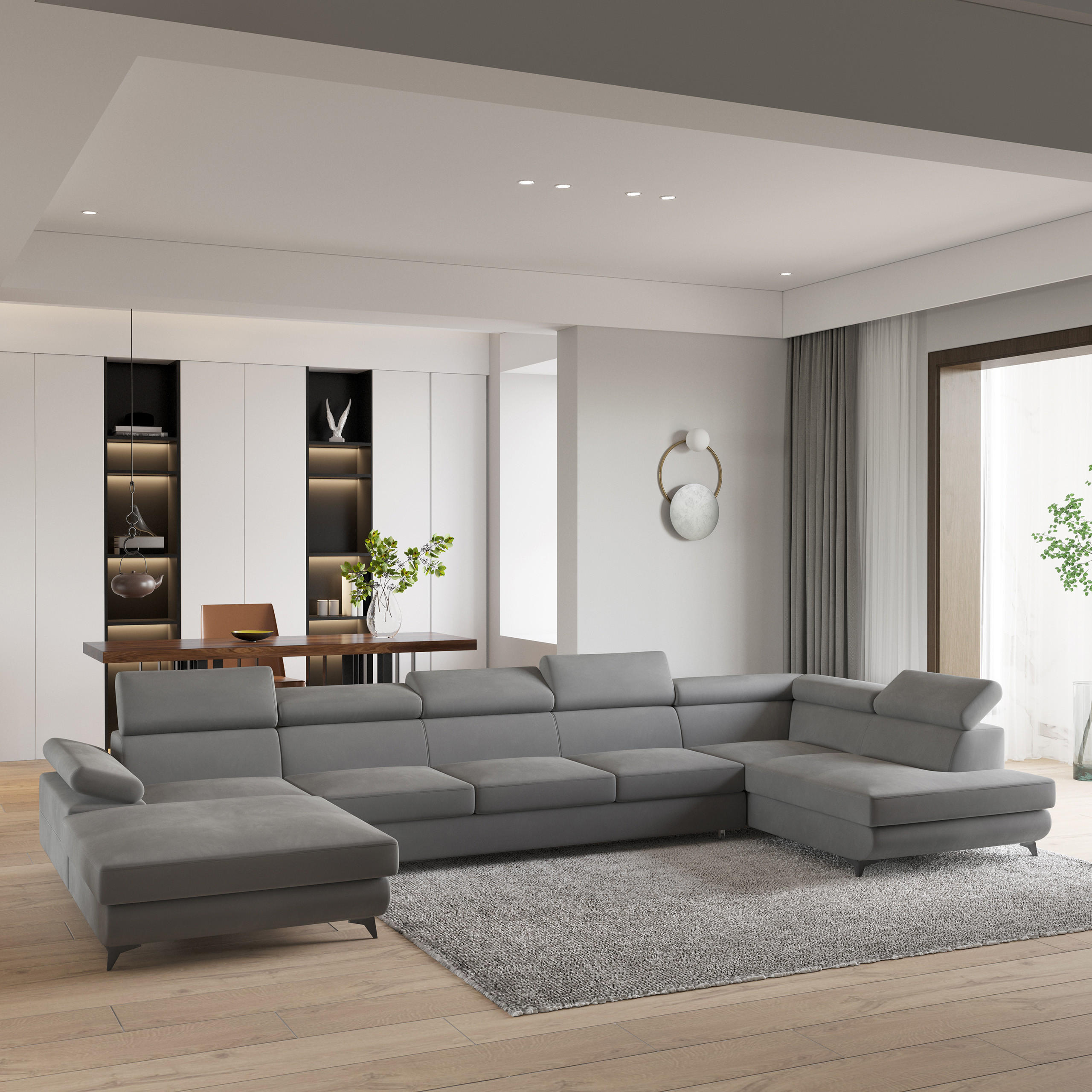WOHNLANDSCHAFT MONTIVA Grau Velours-Stoff mit Schlaffunktion - Grau, Holz (410/89/190cm) - MASSENO