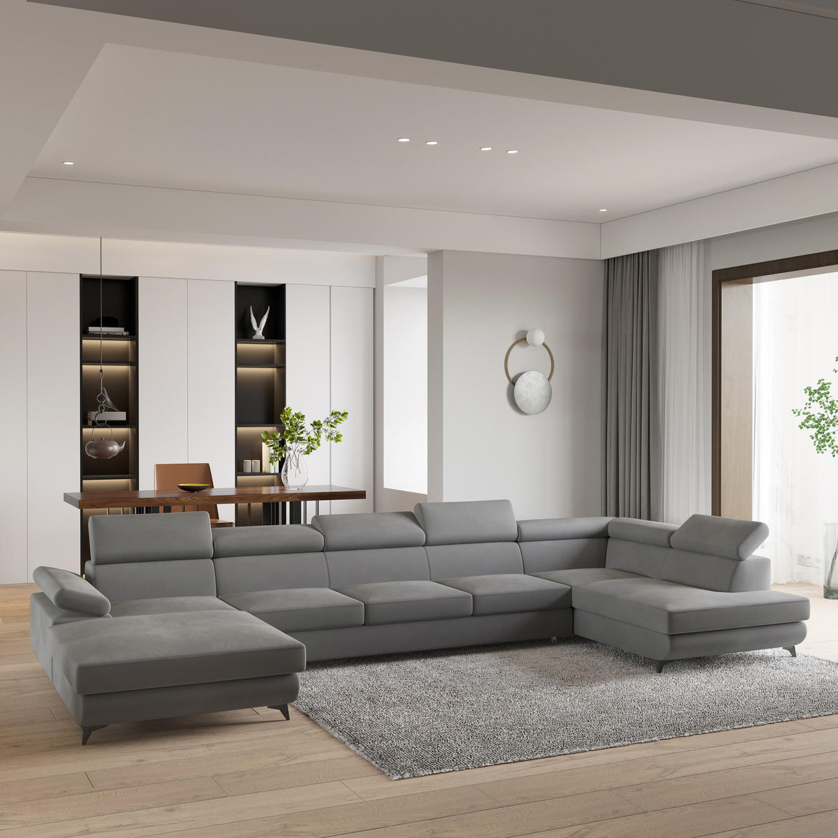 WOHNLANDSCHAFT MONTIVA Grau Velours-Stoff mit Schlaffunktion - Grau, Holz (410/89/190cm) - MASSENO