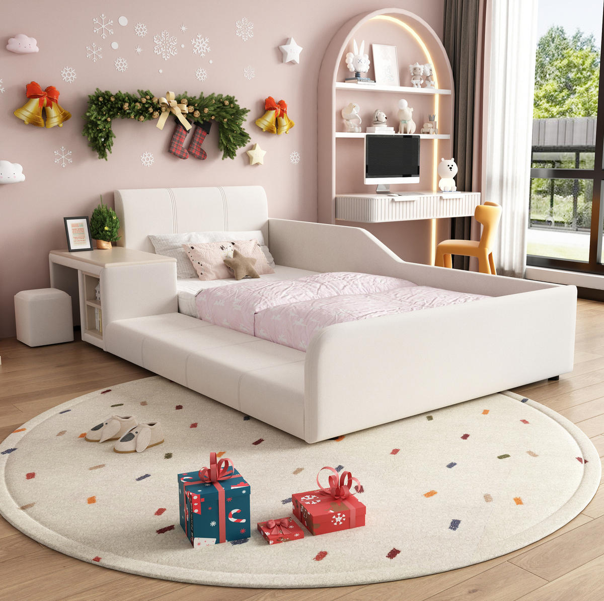 KINDERBETT 90/200 cm aus Samt mit Schreibtisch Hocker und Ablageboden Weiß - Weiß, Textil (90/200cm) - Modenvie