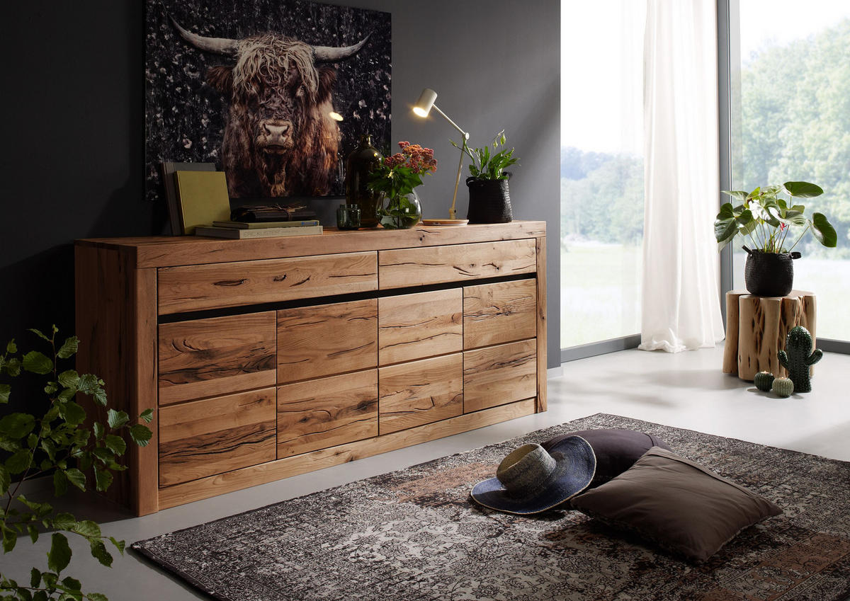 SIDEBOARD Wildeiche / Zerreiche 202x43x80 natur geölt MONTREUX #152 - Braun, Holz (202/80/43cm) - Massivmoebel24