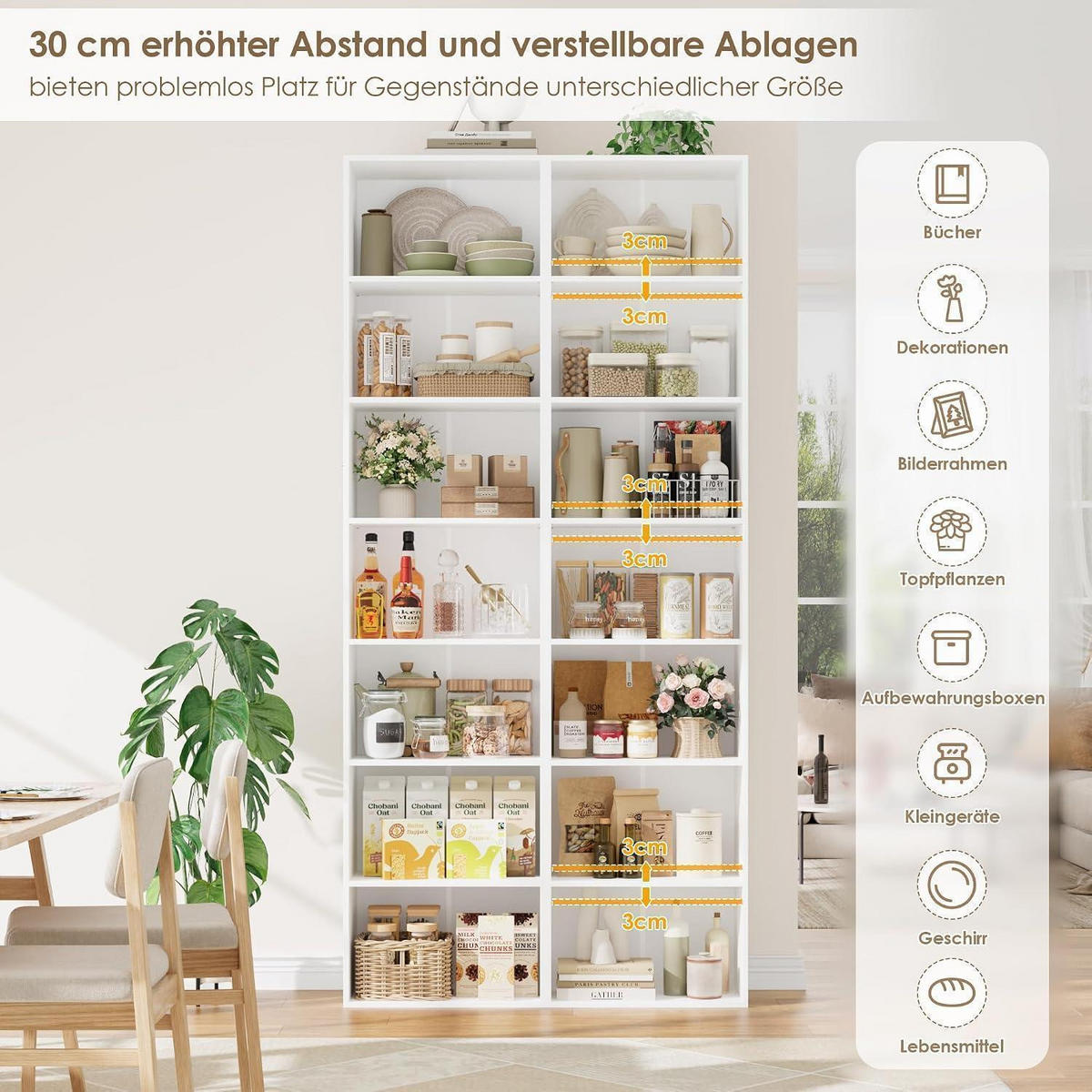 BÜCHERREGAL 220 cm weiß 7 Fächer - Weiß, Holzwerkstoff (48/220/30cm)