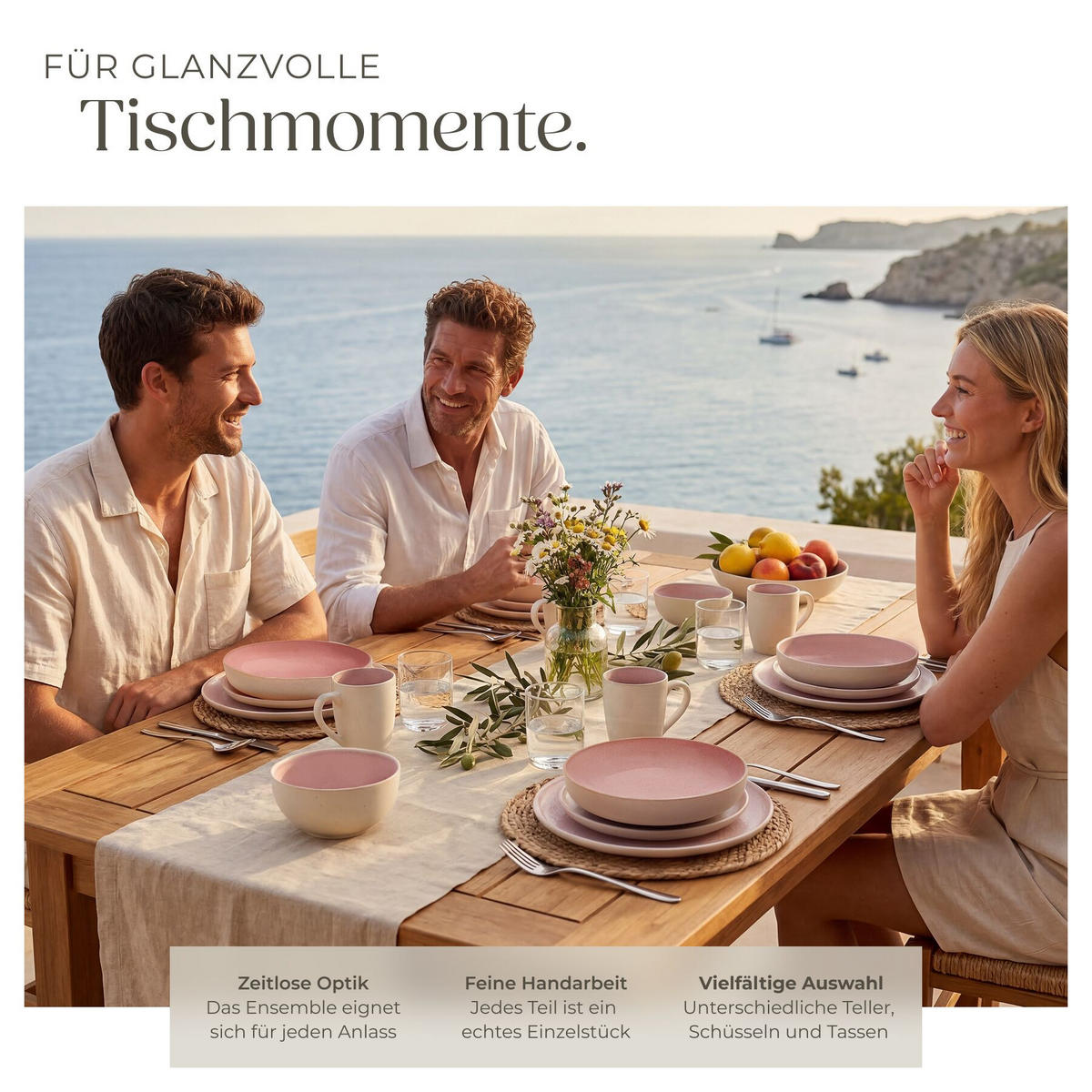 KOMBISERVICE Mare, ineinander stapelbar, rosa - Rosa, Keramik (26.5/2.5/26.5cm) - tectake