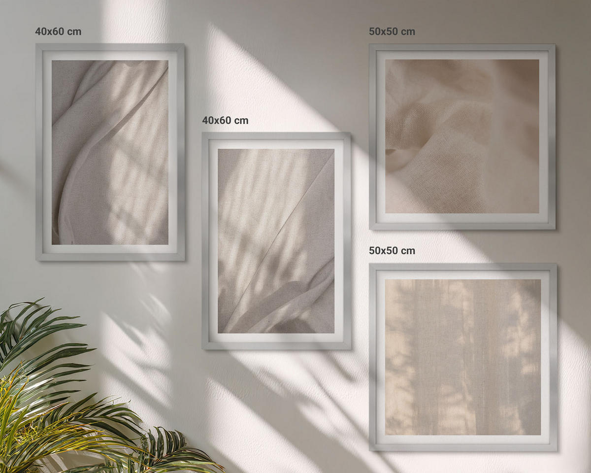 WANDBILDER 4er Set - 50x50 cm & 40x60 cm Silberner Rahmen - Nahaufnahme von natürlichen Boho-Stoffen - Silberfarben, Kunststoff (50/50cm) - ArtPrintCave