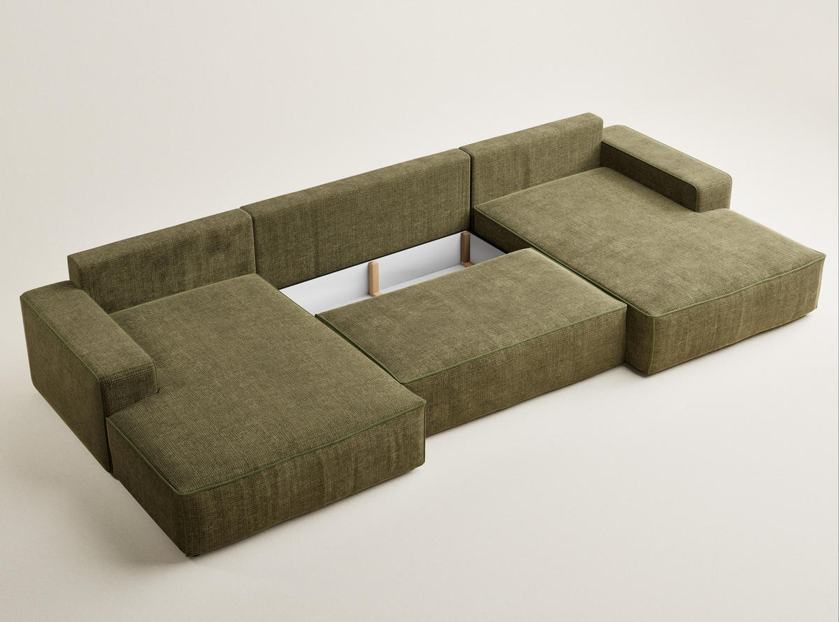 WOHNLANDSCHAFT Deseo Olivgrün Chenille-Stoff - Schwarz/Olivgrün, Holz/Holzwerkstoff (398/70/148cm) - Maison de Reve