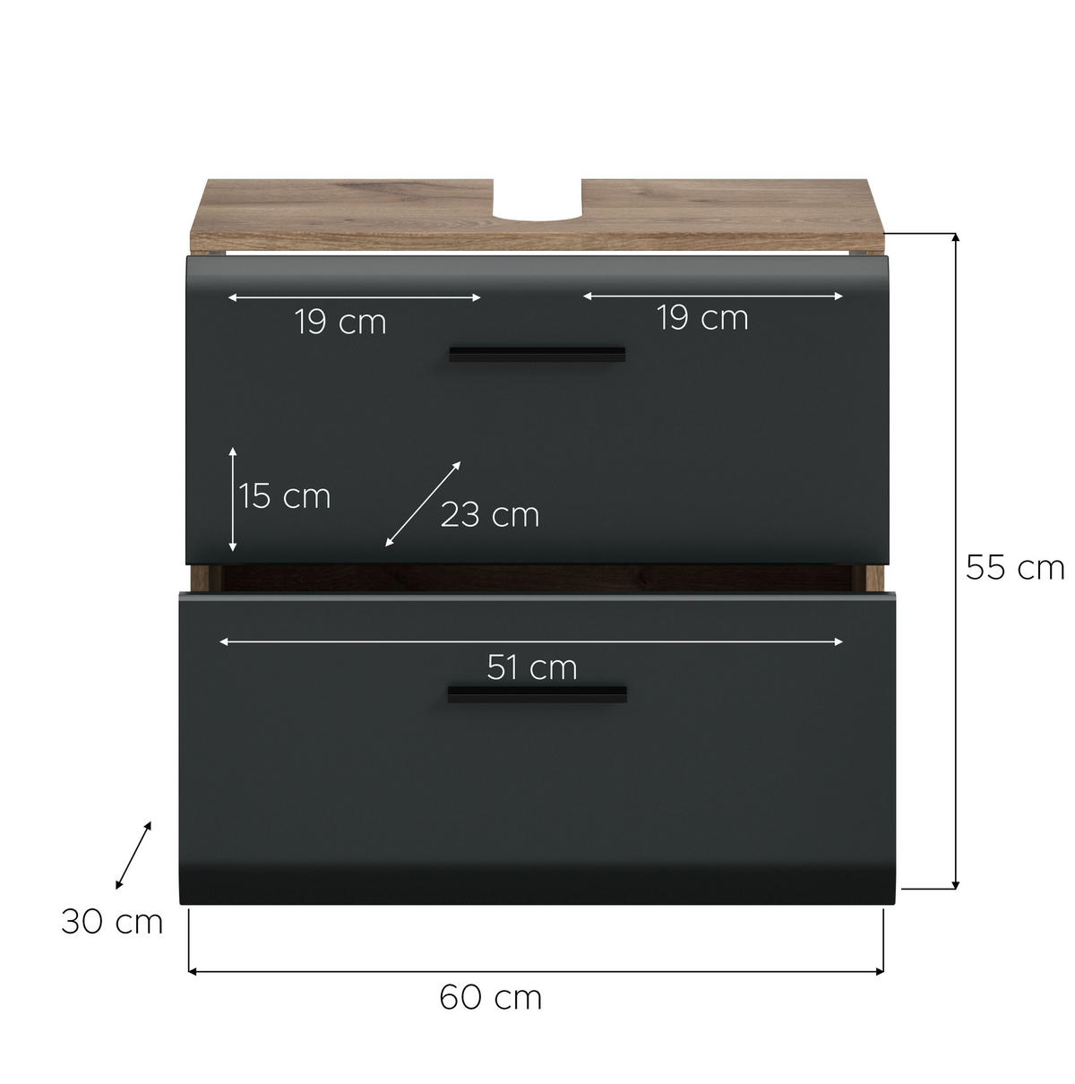 WASCHBECKENUNTERSCHRANK ICE (B/H/T: ca. 60/55/30 cm) in Nox Oak Nachbildung/schwarz matt - Eichefarben, Holz (60/55/30cm)