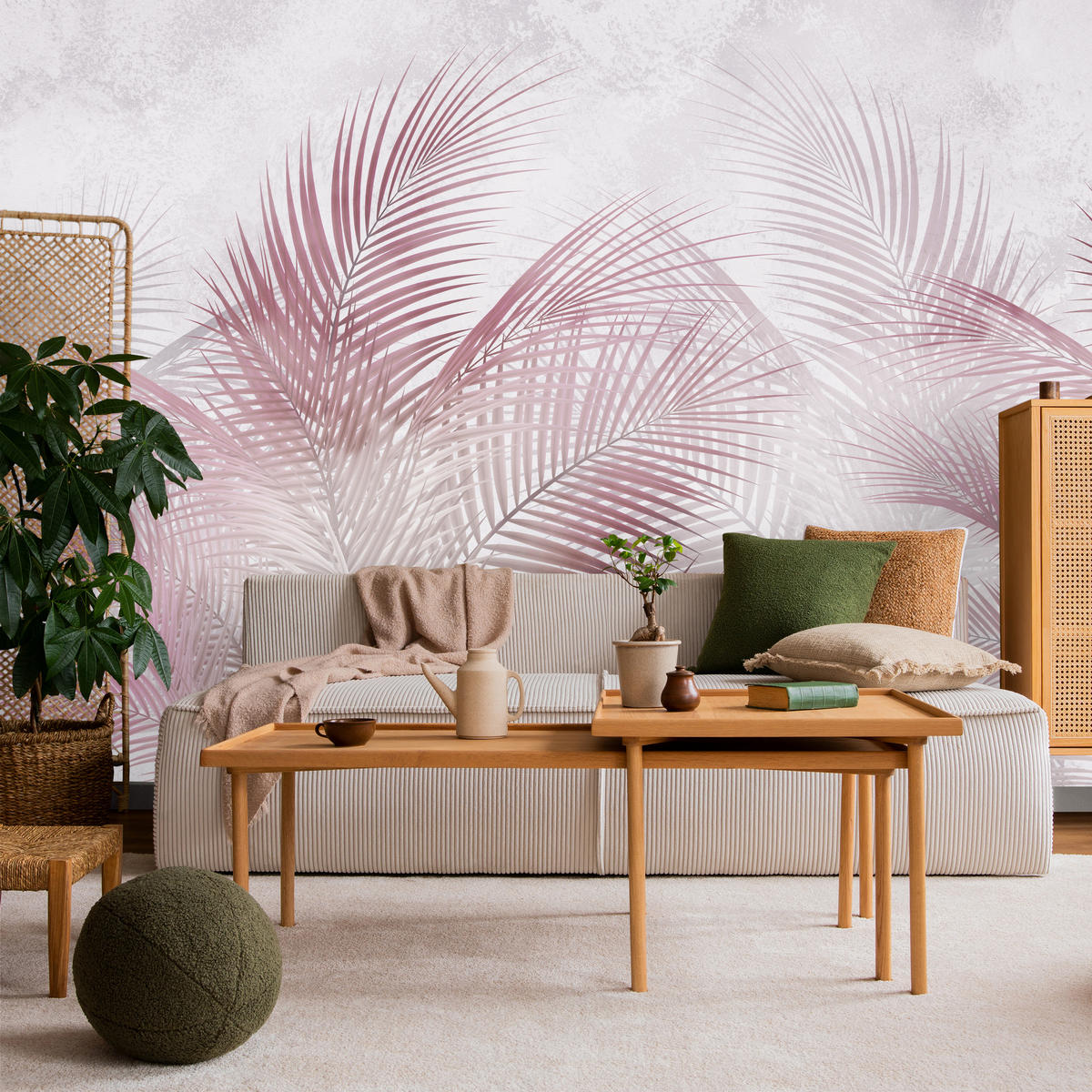 FOTOTAPETE für Schlafzimmer Rosa Palmenblätter Fein Vintage Pastell 350x256 - Violett/Rosa, Papier (350/256cm) - Muralo