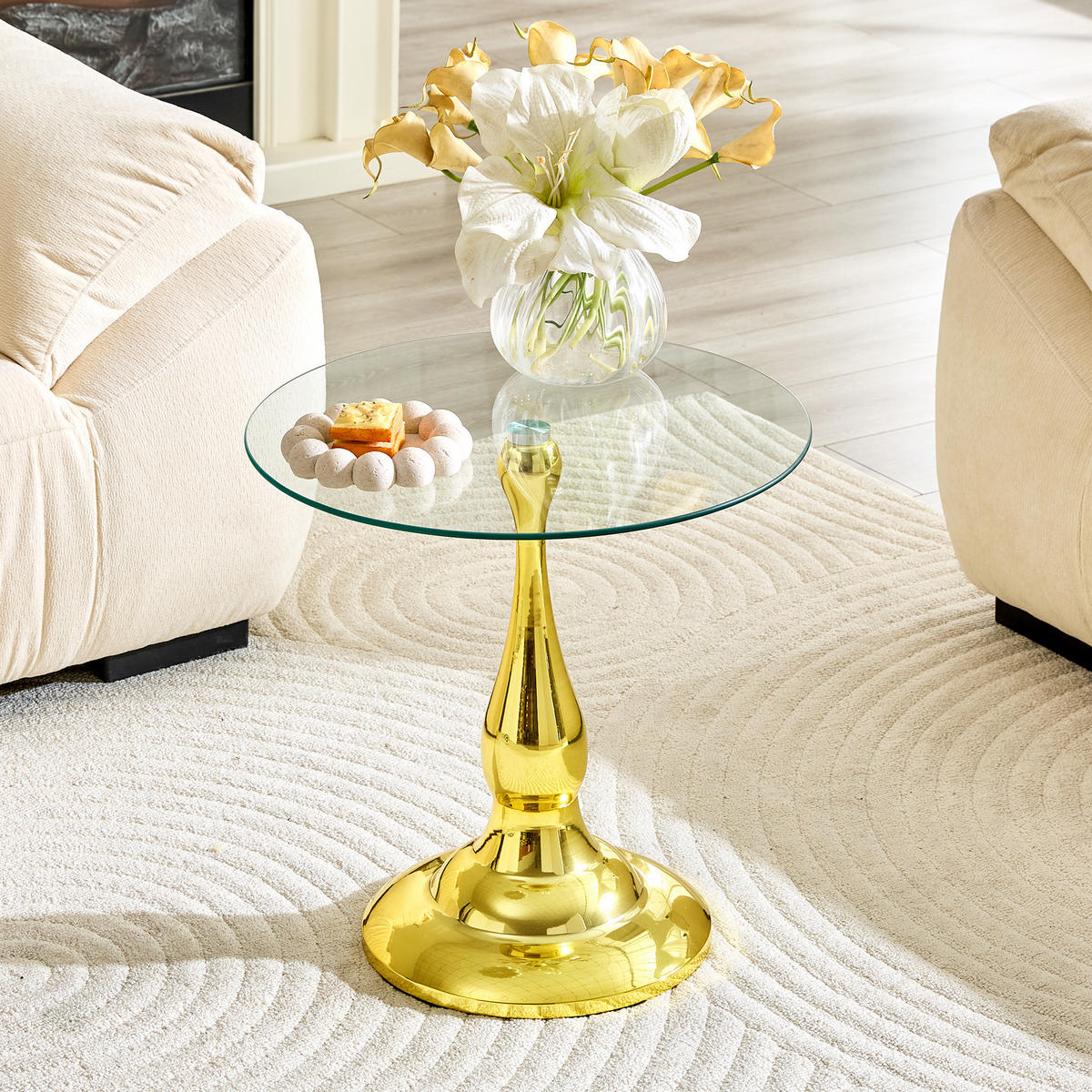 BEISTELLTISCH DE-37360 rund mit Glasplatte und geschwungenem Sockel Gold - Goldfarben, Metall (50/50/51.5cm) - ComfortXL