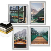 WANDBILDER 4er Set - 50x50 cm & 40x60 cm Silberner Rahmen - Berglandschaften, Ferienhäuser, Boote - Silberfarben, Kunststoff (50/50cm) - ArtPrintCave
