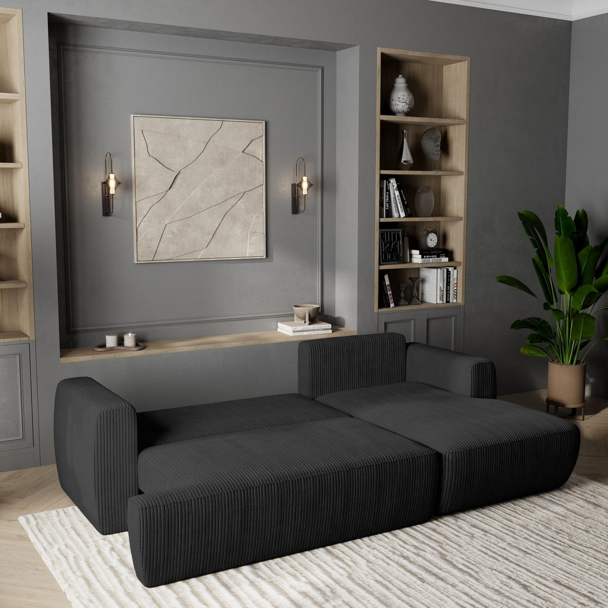 ECKSOFA SENTI P R-S Schwarz Kordstoff mit Schlaffunktion - Schwarz, Holz (246/148cm) - MASSENO