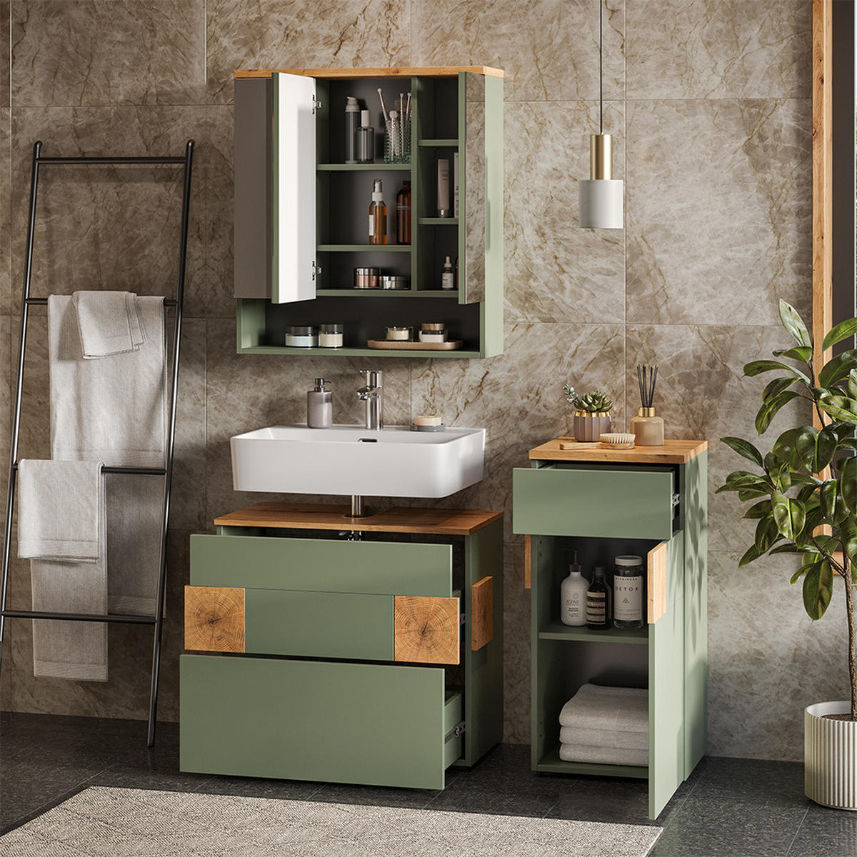 BADMÖBEL-SET Eden Grün/Artisan 3 Teile - Hellgrau/Grün, Holzwerkstoff (70/64.5/37cm) - Vicco